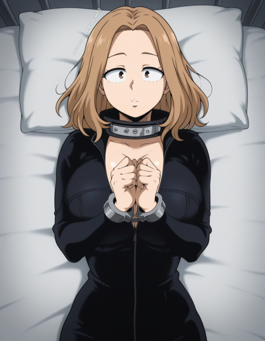 ai_generated bed bedroom blonde_hair bodysuit boku_no_hero_academia brown_eyes camie_utsushimi cuffed cuffs latex my_hero_academia pillow