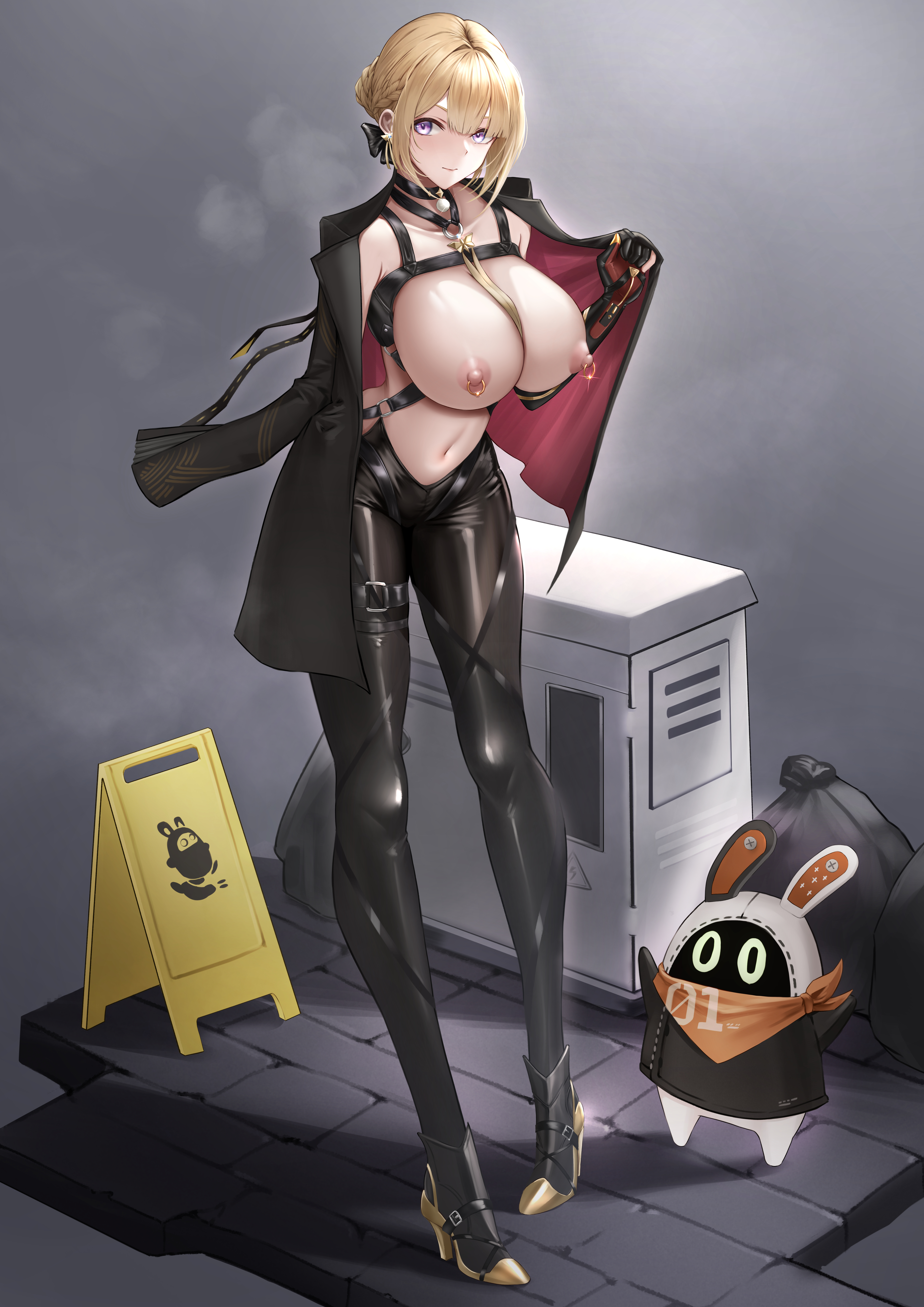 bangboo (zenless zone zero), blonde hair, eous (zenless zone zero), evelyn chevalier, exhibitionism, female, heels, high heels, jacket, latex, nipple piercing, nipples, piercing, zenless zone zero