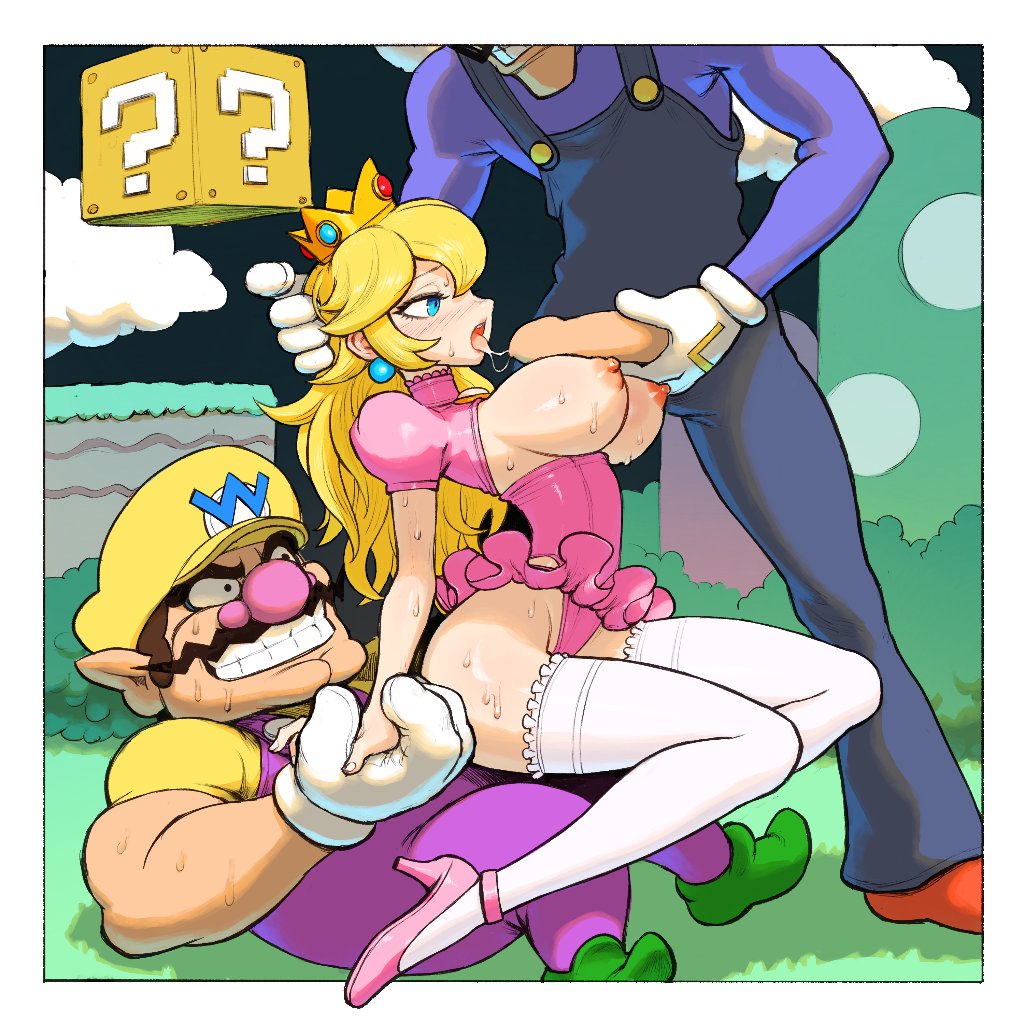 ? block, 1girls, 2boys, areolae, blonde hair, blue eyes, border, breasts, breasts out, crown, earrings, female, gloves, hat, high heels, human, long hair, male, mario (series), mustache, nintendo, nipples, open mouth, outdoors, outside, penis, pink high heels, princess peach, smile, sweat, tagme, thighhighs, tongue, tongue out, waluigi, wario, white border, white gloves, white legwear, white thighhighs