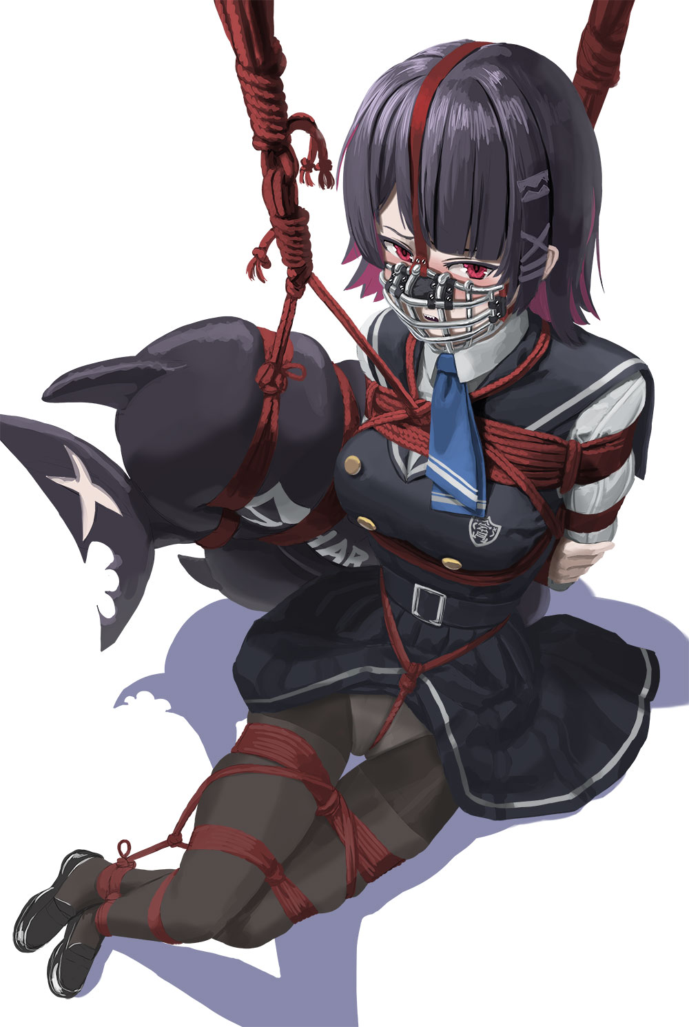 belt black_hair black_pantyhose bondage bondage bondage bound bound_arms bound_legs breasts crotch_rope dog_mask ellen_joe fins fish_tail highres itou_tatsuya loafers looking_at_viewer mask medium_breasts medium_hair mouth_mask necktie panties panties_under_pantyhose pantyhose pleated_skirt red_eyes restrained sailor_collar school_uniform serafuku shark_girl shark_tail shibari_over_clothes shoes sitting skindentation skirt tail thigh_gap underwear white_panties zenless_zone_zero