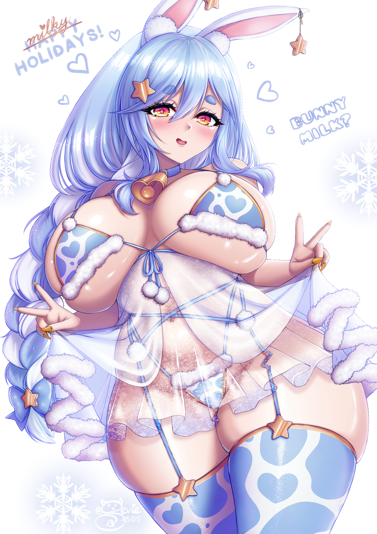 1girls, animal ears, big breasts, braid, braided hair, breasts, bunny ears, cleavage, cow print, cow print thighhighs, cowbell, english, english text, female, female only, garter belt, hair, hair ornament, heart, hearts around head, hips, hololive, huge breasts, light blue hair, lingerie, mature, mature female, mature woman, milf, mother, nail polish, nails, pekomama, sevie, solo, solo female, text, thighhighs, virtual youtuber, wide hips, yellow eyes, yellow nail polish, yellow nails