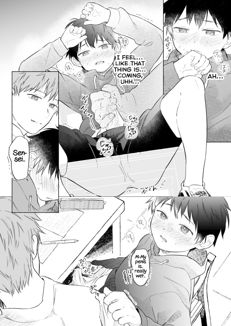 2boys adult adult_and_teenager blush blushed_face cum cute_boy cute_face cute_male dick doujinshi english_text male male_only masturbating_other masturbation moan moaning moaning_in_pleasure original_character original_characters penis size_difference small_penis smirk student student_and_teacher submissive submissive_male yaoi