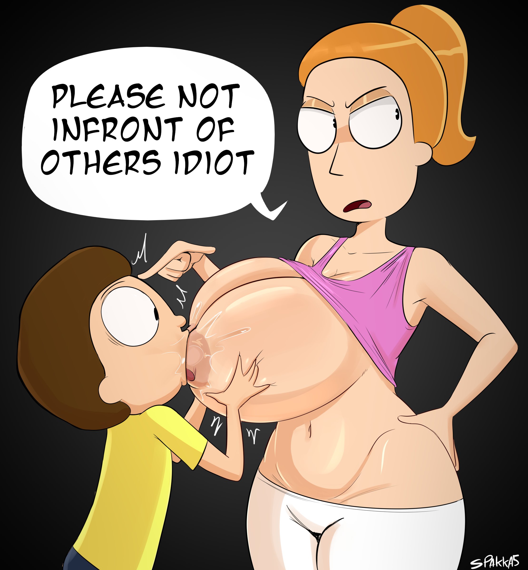 1boy, 1girls, adult swim, big ass, big breasts, breast grab, breast sucking, breasts, breasts out, brother, brother and sister, brown hair, cleavage, cleft of venus, clothed sex, clothing, dialogue, english text, female, grabbing another's breast, grabbing breasts, huge breasts, incest, long hair, looking at viewer, male, morty smith, movement lines, navel, nipples, open clothes, open mouth, orange hair, ponytail, rick and morty, short hair, sister, size difference, spakka5, speech bubble, sucking, summer smith, text, wide hips
