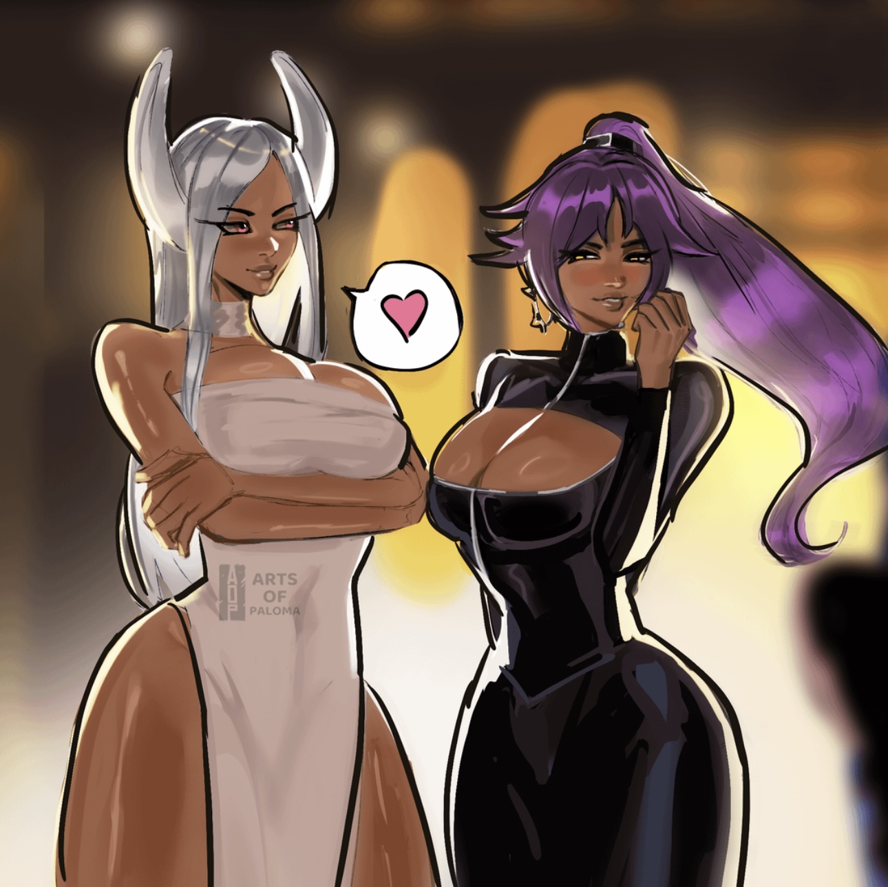 2girls, arts of paloma, black dress, bleach, blush, boku no hero academia, boob window, breasts, bunny ears, crossover, dark skin, dark-skinned female, dress, female, female artist, female only, heart symbol, large breasts, long hair, miruko, my hero academia, purple hair, rabbit ears, rumi usagiyama, shihouin yoruichi, text, text bubble, thick thighs, white dress, white hair, wide hips