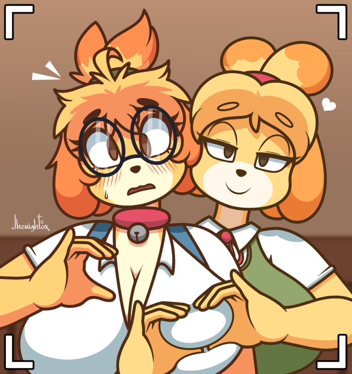 animal crossing, big breasts, breasts, cleavage, derpybelle, female, furry, huge breasts, isabelle (animal crossing), jhenightfox, yuri
