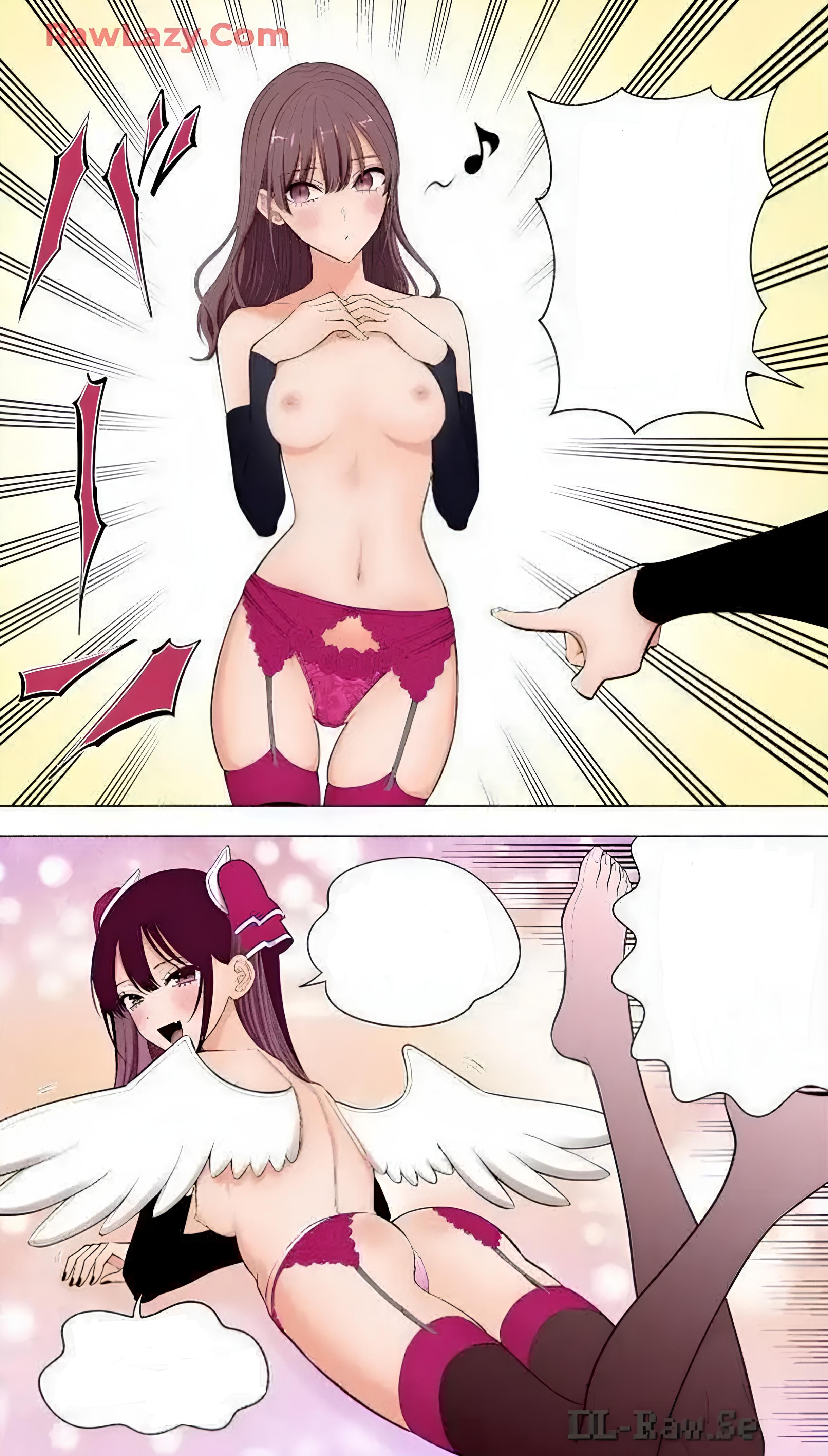 2.5 jigen no ririsa, angel wings, ass, back, backboob, bare belly, bare shoulders, belly button, black gloves, black nails, blush, breasts, brown eyes, brown hair, brown thighhighs, collarbone, cosplay, elbow gloves, feet, female, garter belt, garter straps, gloves, grin, hair ribbon, hashimoto yuu, lace-trimmed panties, legs up, lingerie, long hair, lying, manga, medium breasts, miliela (cosplay), nail polish, nipples, no bra, official art, on stomach, open mouth, panties, parted lips, purple hair, red panties, shoulder blades, tachibana mikari, thighhighs, thighs, toes, topless, underwear