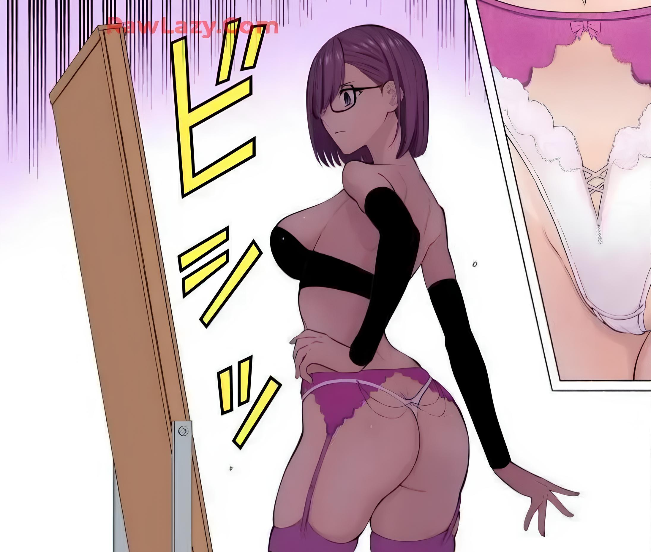 2.5 jigen no ririsa, amano ririsa, ass, ass focus, back, bare shoulders, big breasts, black bra, black gloves, blue eyes, bra, breasts, cleavage, closed mouth, elbow gloves, female, garter belt, garter straps, glasses, gloves, hair over one eye, hand on own hip, hashimoto yuu, lingerie, manga, official art, panties, posing, purple hair, short hair, shoulder blades, thighhighs, thighs, underwear, white panties