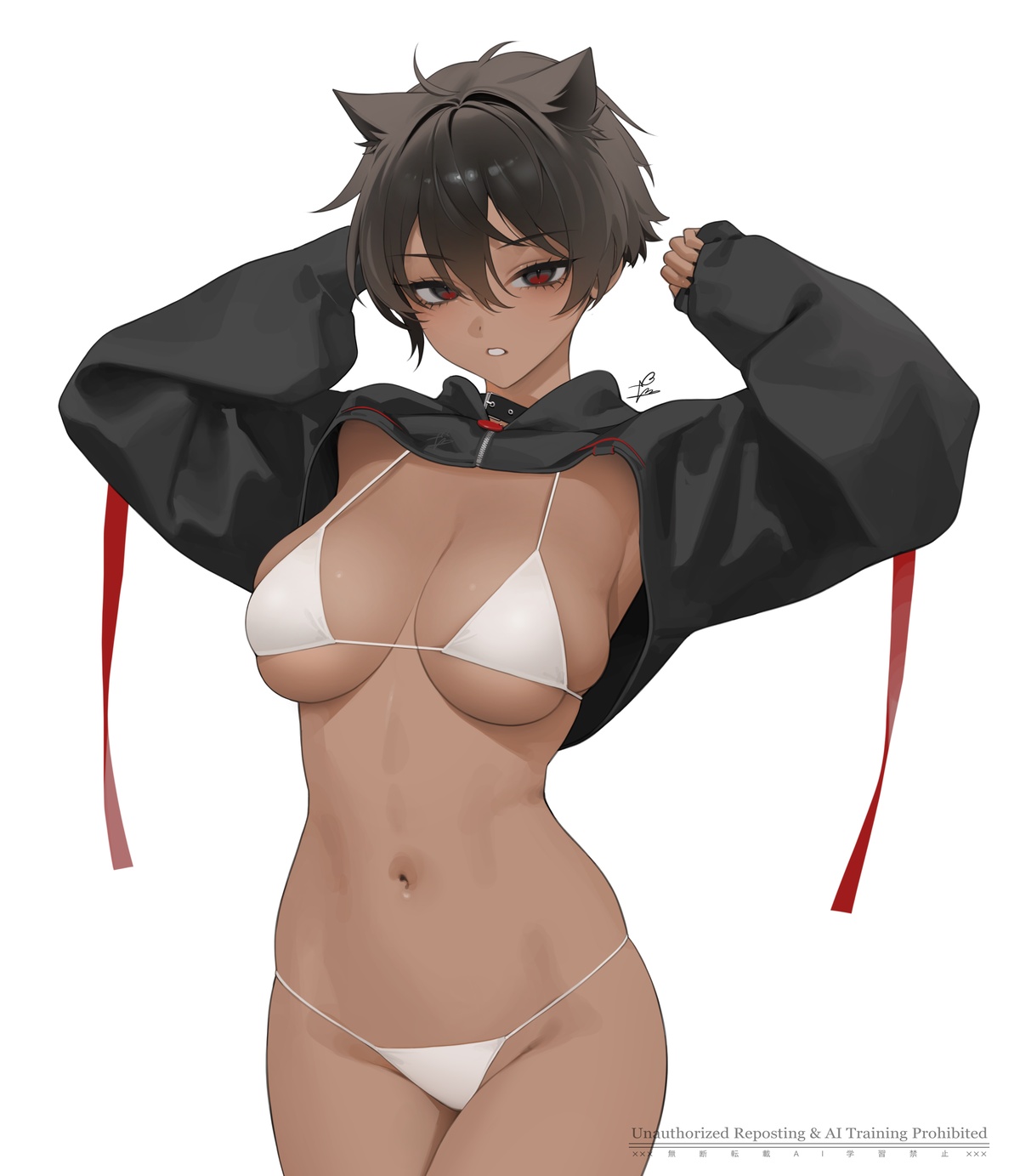 arms up, big breasts, bikini, breasts, cat ears, dark skin, dark-skinned female, female, micchan (ohisashiburi), navel, ohisashiburi, red eyes, short hair, slit pupils, solo, tagme, teenage female, teenager, tomboy, very short hair