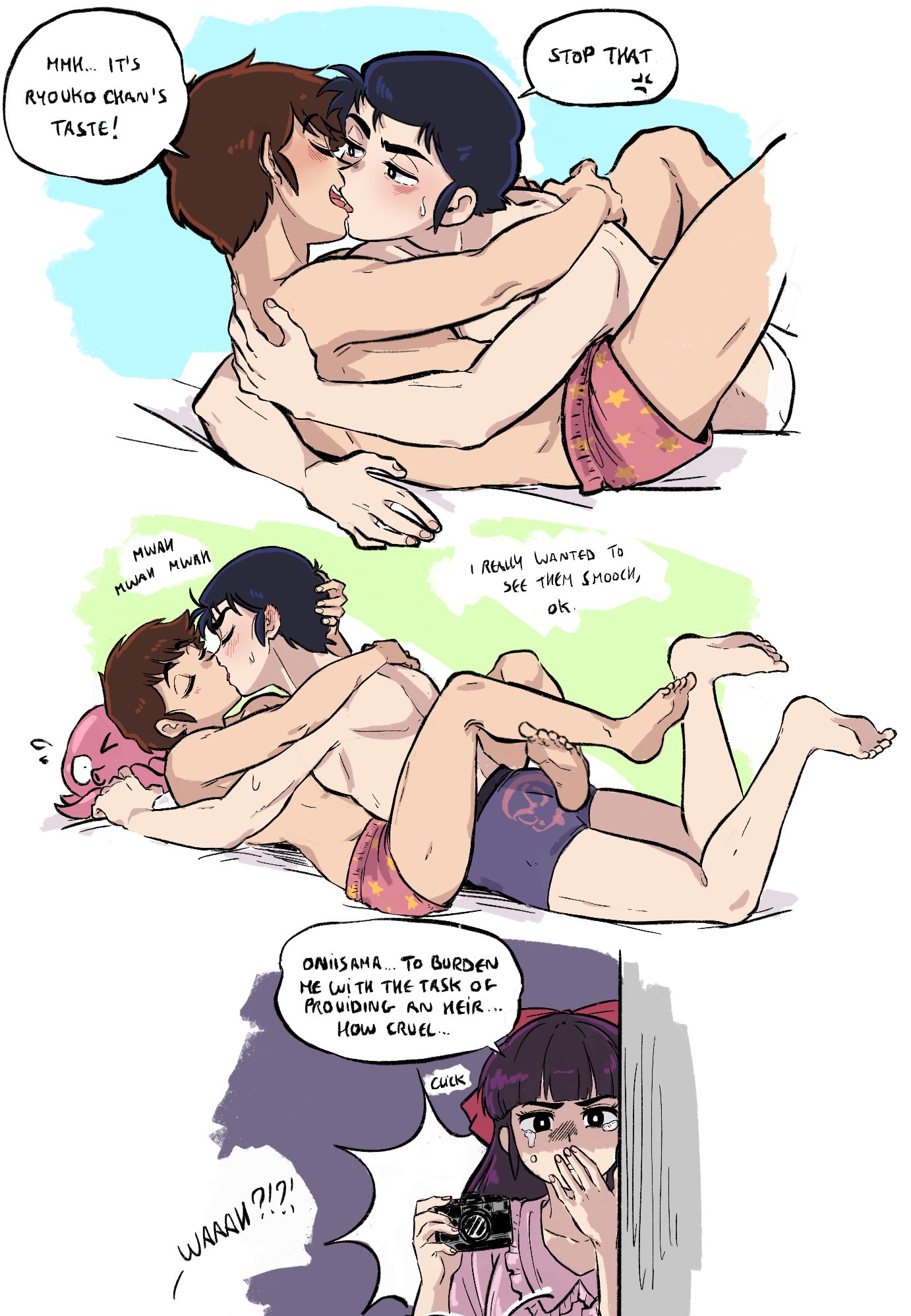 1girls, 2boys, arms wrapped around partner, ataru moroboshi, camera, caught, caught in the act, cuddling, duck etc, female, female supporting yaoi, gay, grabbing, kissing, legs wrapped around partner, limbs tied in knots, making out, male, mendou ryouko, mendou shuutarou, moroboshi ataru, non-web source, partially clothed male, passionate, shuutaro mendou, shuutarou mendou, sloppy kiss, tagme, taking picture, urusei yatsura, voyeur, voyeurism, yaoi, yaoi with female audience