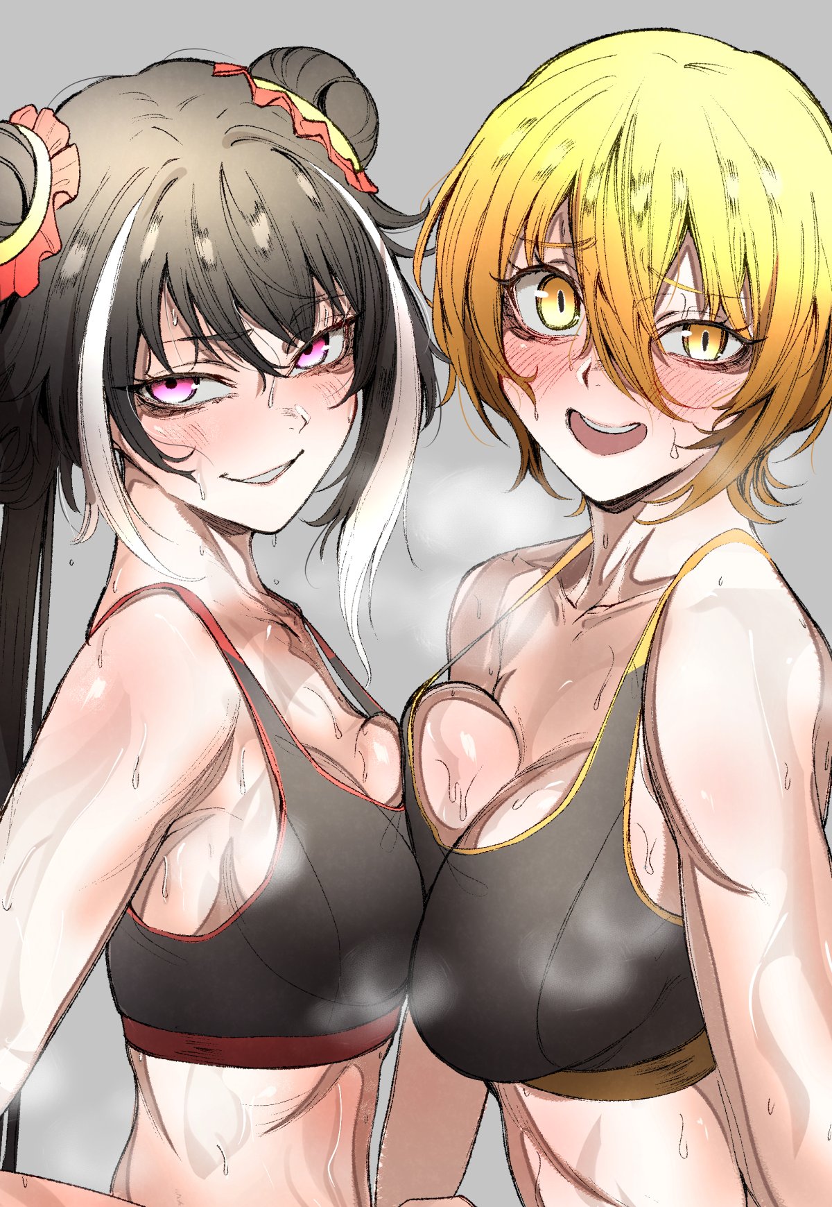 2girls, big breasts, black hair, blonde hair, blush, breasts, don quixote (limbus company), female, highlights (coloring), jia xichun (limbus company), light skin, light-skinned female, limbus company, nb8c, pink eyes, project moon, sportswear, staring at viewer, sweat, tagme, yellow eyes