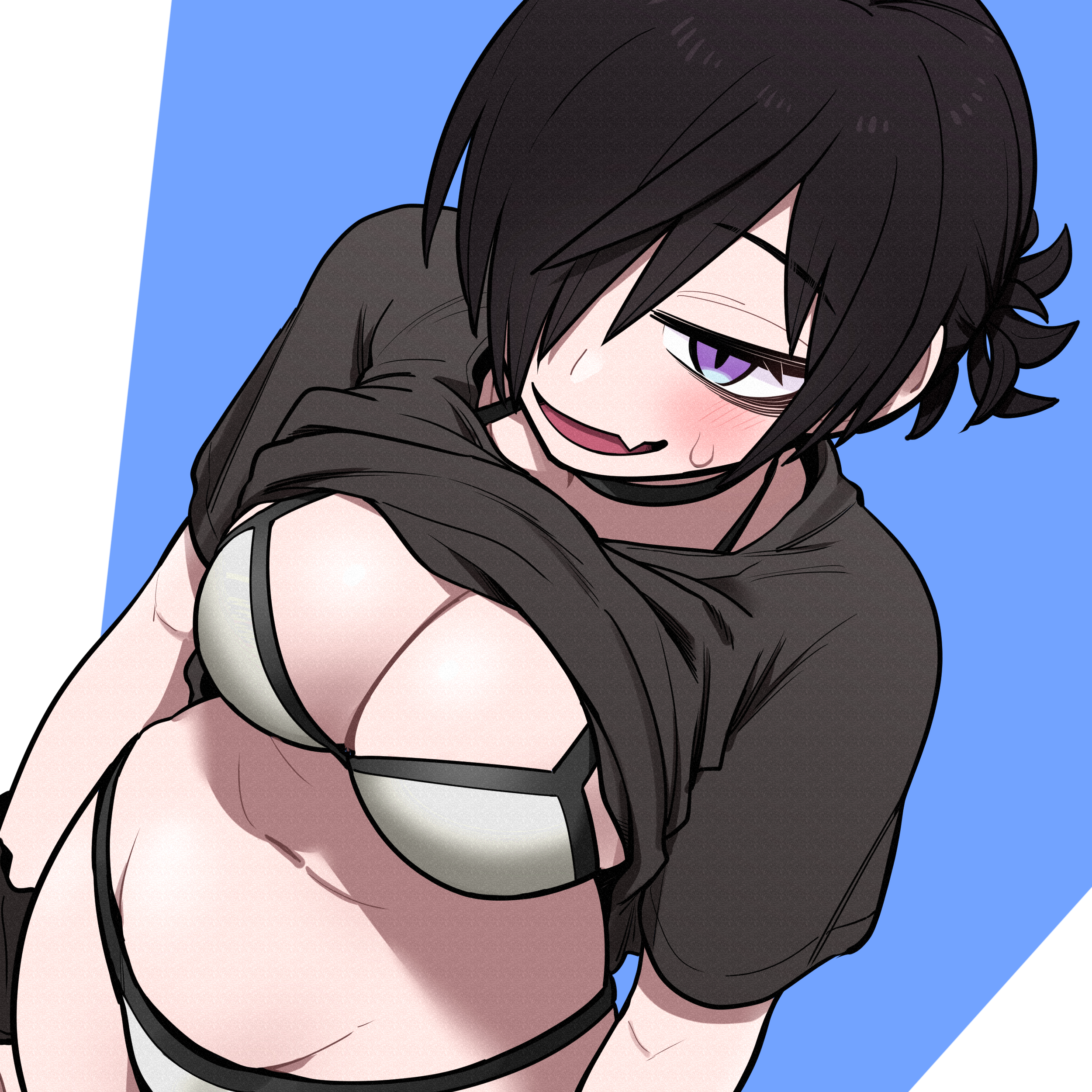 absurdres, bags under eyes, bikini, bikini under clothes, black hair, blue background, borrowed character, breasts, choker, cleavage, clothes lift, cowboy shot, dutch angle, eyelashes, female, hair between eyes, hair over one eye, highres, kank06020602, large breasts, naganuma-san, navel, oerba yun fang, original, purple eyes, shirt lift, short hair, skin fang, solo, sweatdrop, swimsuit, white background