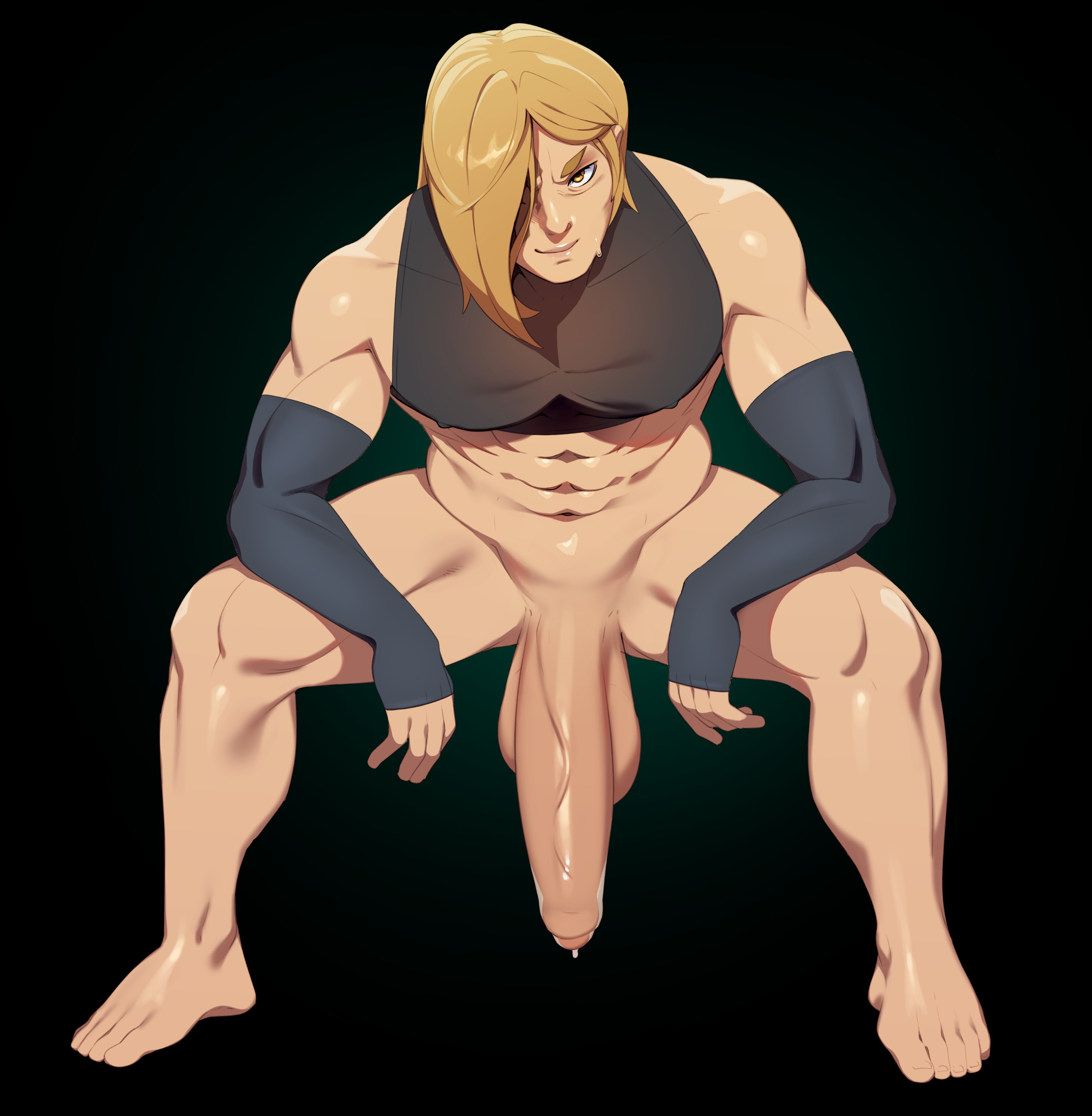 1boy, absurd res, armwear, balls, bent over, big balls, big penis, black background, blonde hair, bottomless, combos-n-doodles, hair over one eye, large penis, long hair, looking at viewer, male, male only, mostly nude, muscular, muscular male, penis, sitting, smiling, smiling at viewer, solo, topwear, yellow eyes