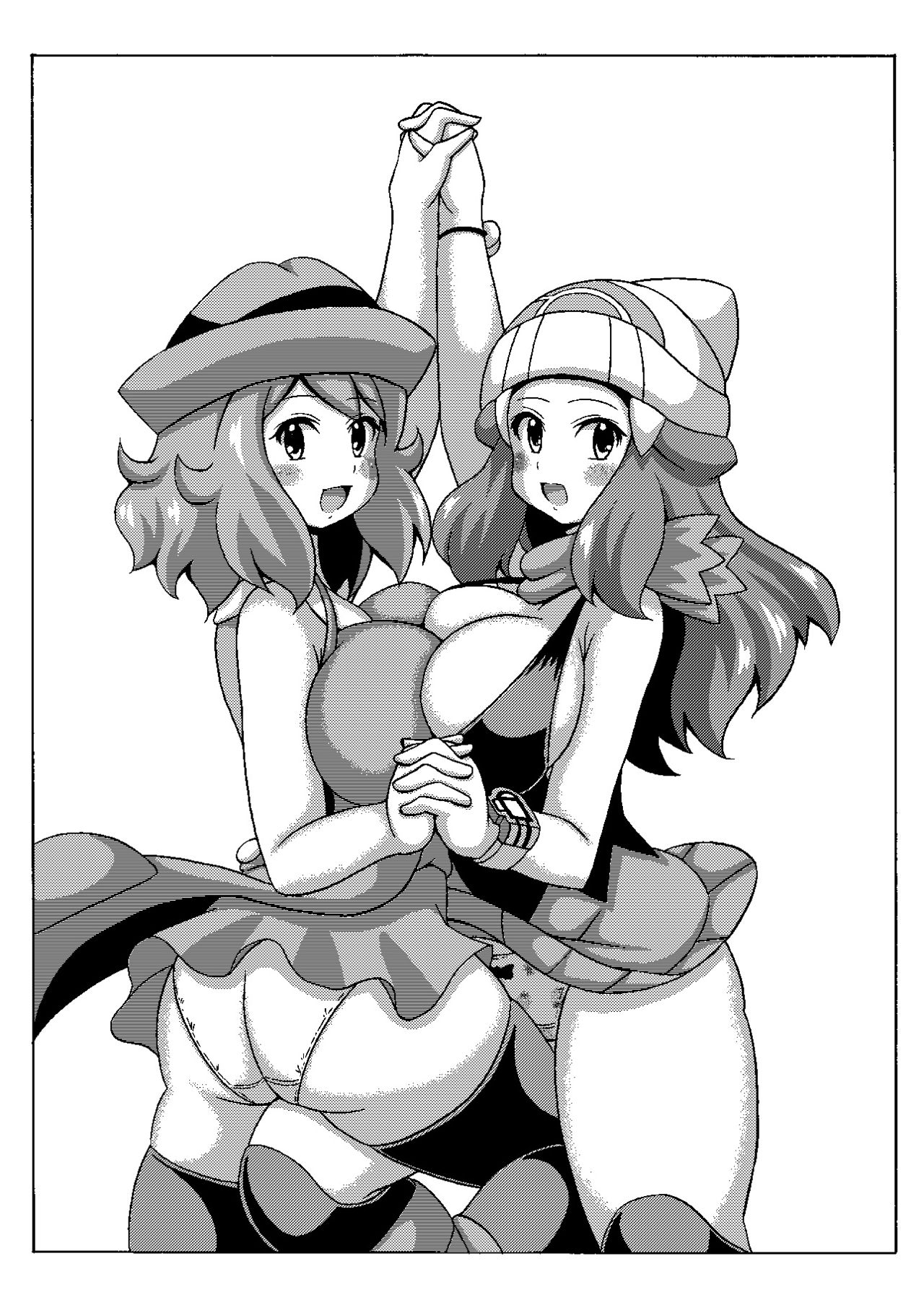 2girls, breast press, breasts, dawn (pokemon), female, haguruman, hand holding, koutarosu, manga, miniskirt, panties, pokeaspie, pokemon, pokemon (anime), serena (pokemon), symmetrical docking, watch, wristwatch, yuri