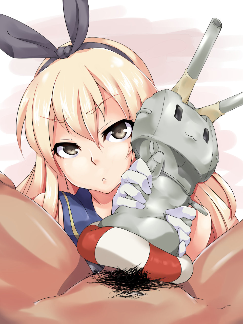 artificial_vagina blonde_hair female giver_pov gloves hairband handjob highres inuwi_(yokose_y) kantai_collection long_hair looking_at_viewer male_pov male_pubic_hair penis personification pov pubic_hair rensouhou-chan shimakaze_(kantai_collection) straight two-handed_handjob white_gloves