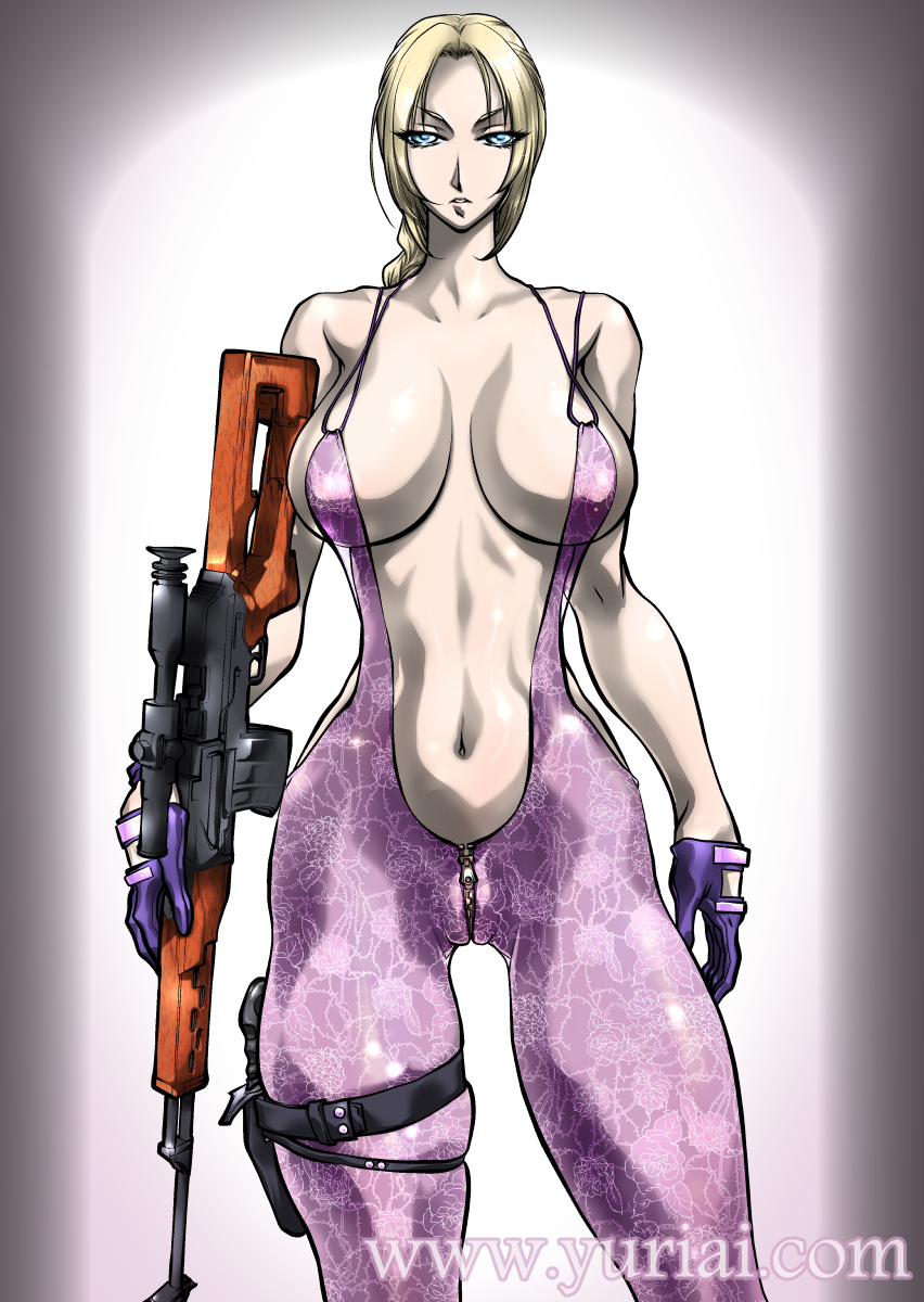 abs big_breasts blonde_hair blue_eyes breasts cleavage female gloves gun large_breasts namco navel nina_williams purple_gloves rifle solo tekken weapon yuri-ai zipper