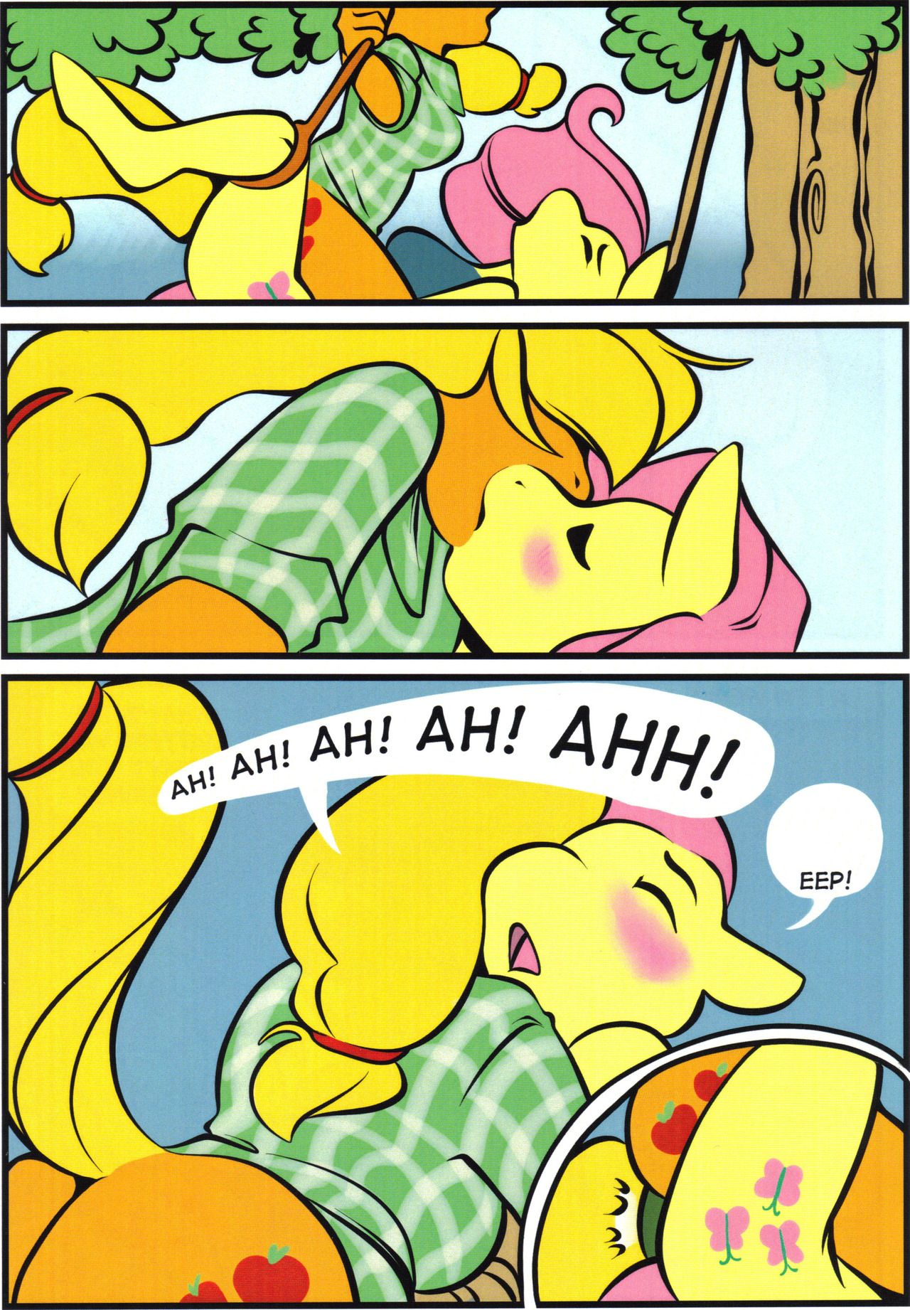 333456 anthro anthrofied applejack_(mlp) blonde_hair blush bondage closed_eyes clothing dildo double_dildo double_penetration english_text equine female female_orgasm fluttershy_(mlp) friendship_is_magic hair horse kissing looking_down mammal my_little_pony orange_body orgasm penetration pony sausage sex_toy smooth_skin text vaginal_penetration yuri