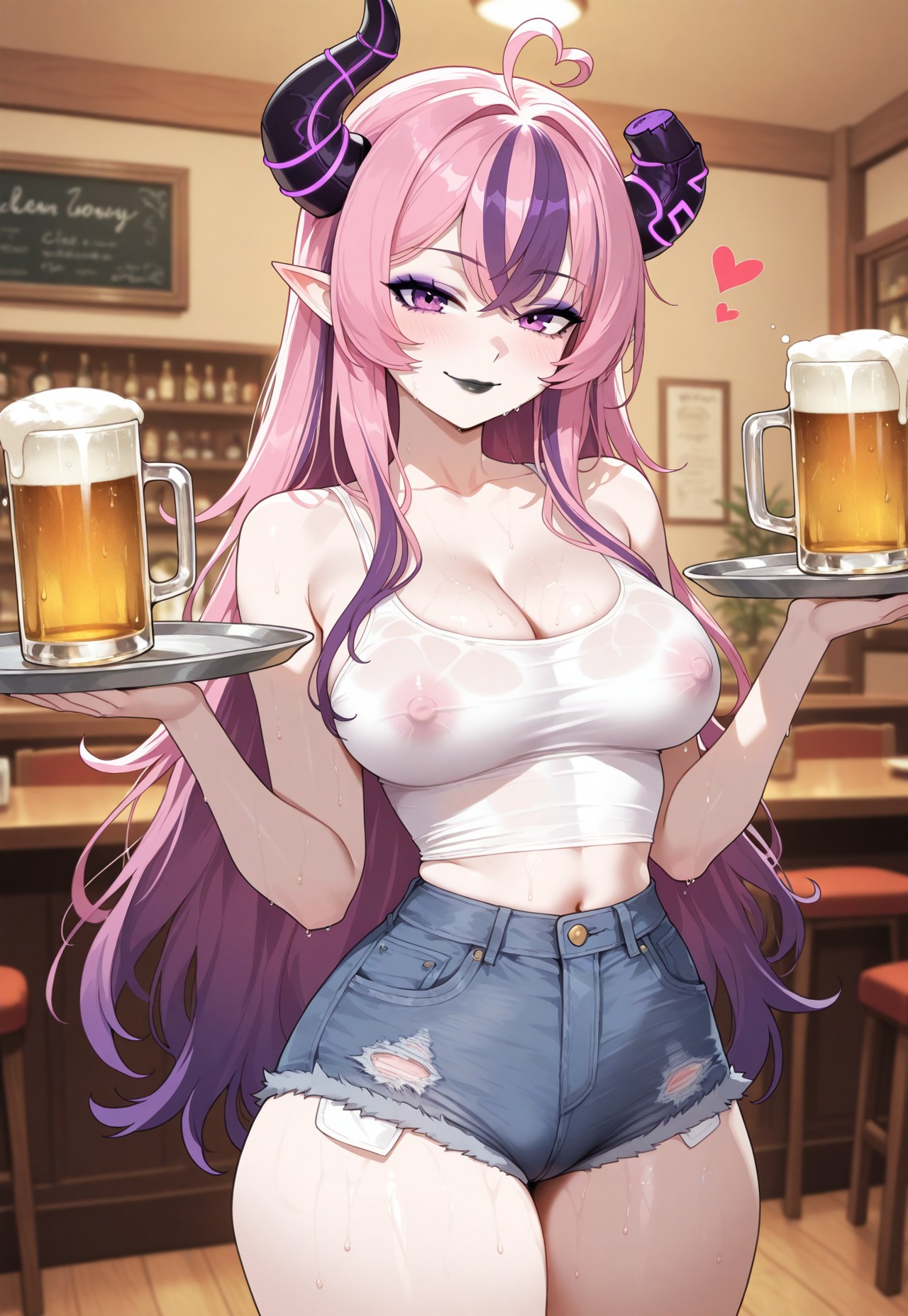 1girls, ai generated, beer, beer mug, black lipstick, breasts, female, holding object, holding plate, holding platter, horns, ironmouse, ironmouse (cyber outfit), jean shorts, light skin, light-skinned female, lipstick, long hair, looking at viewer, medium breasts, midriff, navel, nipples, nipples visible through clothing, pale skin, pale-skinned female, pink hair, platter, pointy ears, purple eyes, restaurant, shorts, smile, smiling, solo, streaked hair, sweat, sweating, tank top, thick thighs, virtual youtuber, vshojo, vtuber, white tank top, wide hips