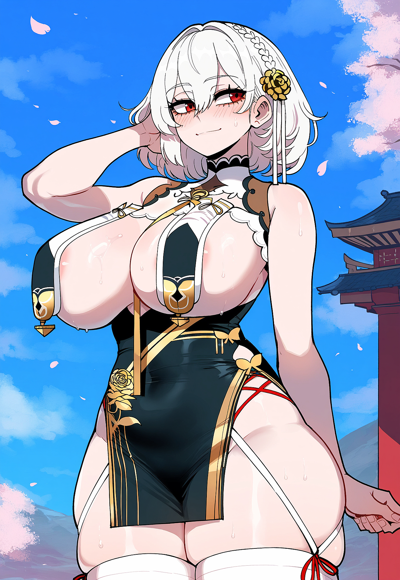 1girls, ai generated, azur lane, big breasts, breasts, curvy, female, female only, huge breasts, juuicyai, large breasts, light skin, light-skinned female, massive breasts, narrow waist, nude, outdoors, red eyes, sirius (azur lane), sirius (azure horizons) (azur lane), solo, thick thighs, white hair, wide hips