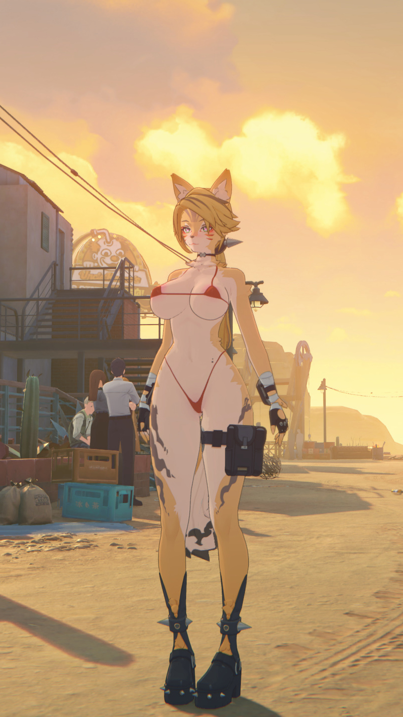 big breasts, bikini, bikini top, blonde hair, breasts, female, fox ears, furry, gloves, high heels, platform heels, pulchra fellini, string panties, two-tone fur, zenless zone zero