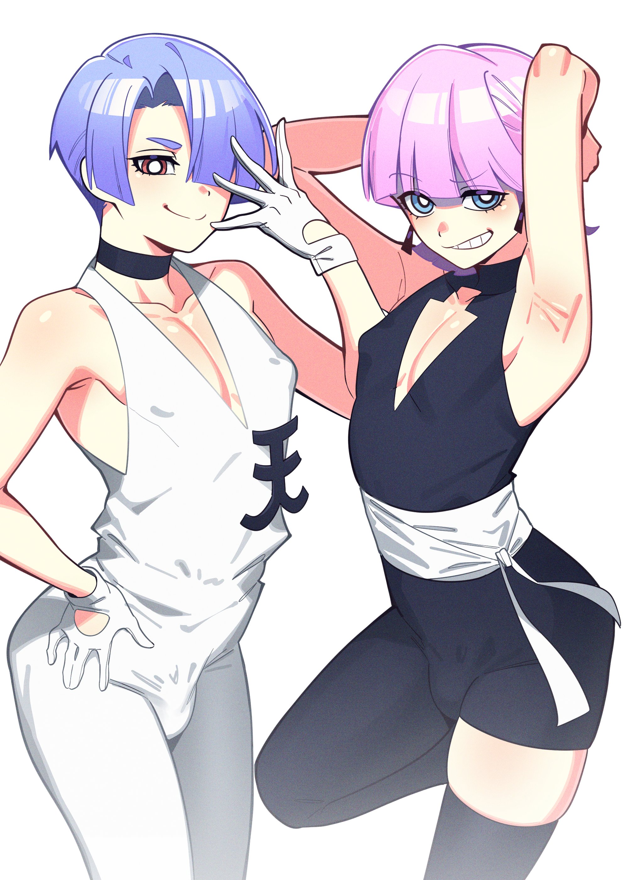 2boys, ain (in), armpits, blue hair, boner, clothed, femboy, in (ain), male, male only, panty & stocking with garterbelt, pink hair, polyester (psg), polyurethane (psg), studio trigger, tagme