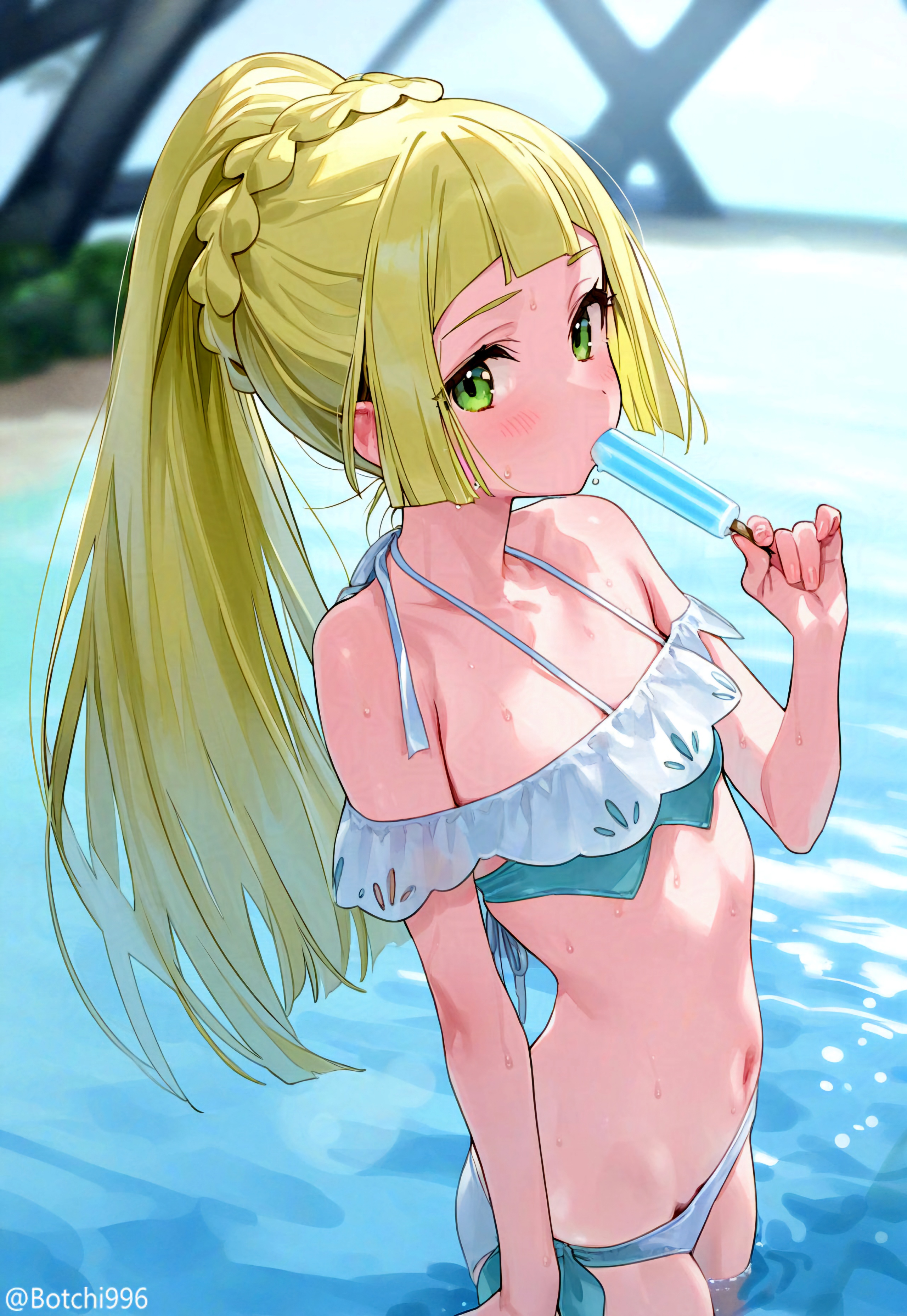 ai generated, bikini, blonde hair, botchi996, female, game freak, green eyes, lillie (pokemon), nintendo, pokemon, popsicle, tagme, teenage female, teenager, water, water in background, white swimsuit