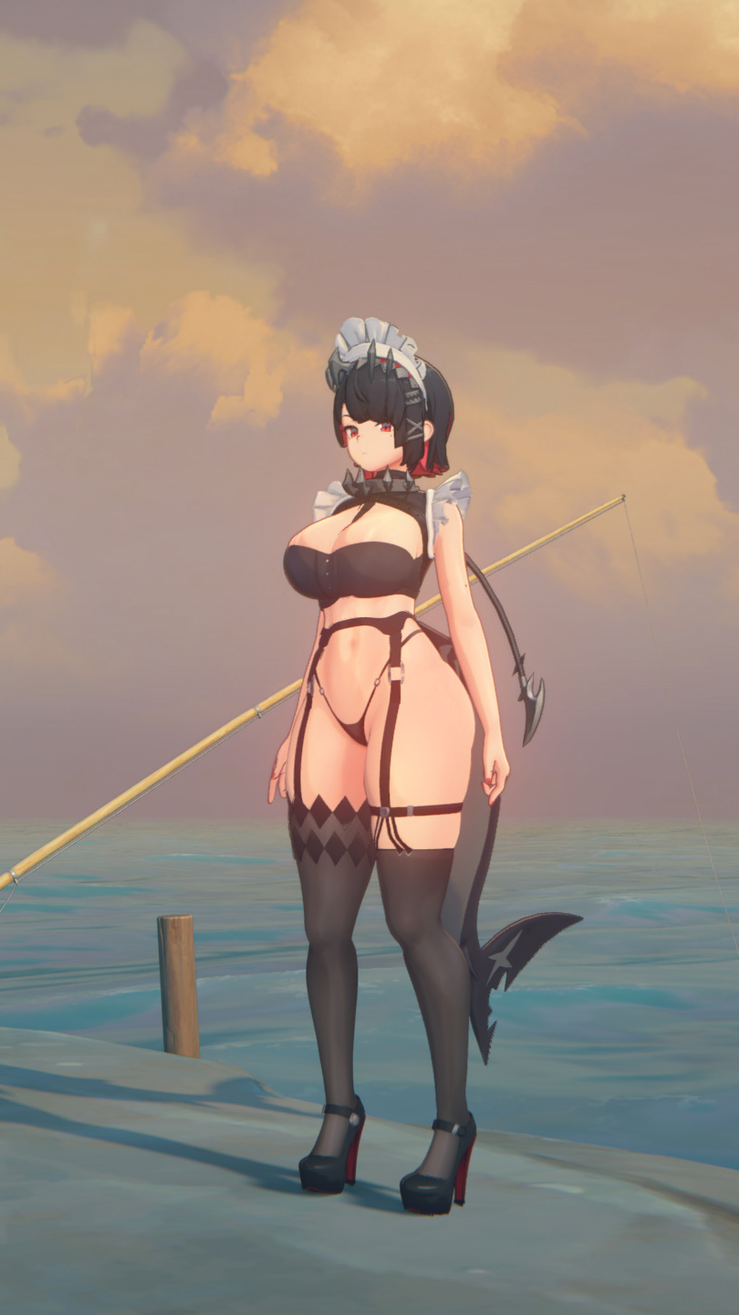 3d, big breasts, black hair, bra, breasts, ellen joe, female, high heels, louboutin (shoes), maid uniform, red eyes, stockings, string panties, two-tone hair, zenless zone zero