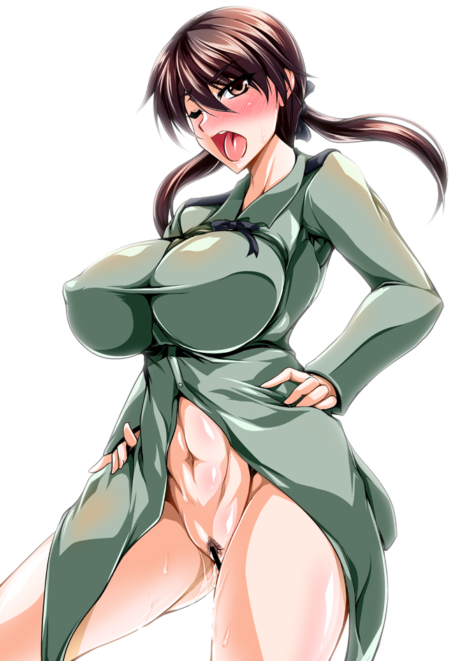 blush bottomless breasts brown_eyes brown_hair censored clothing female gertrud_barkhorn huge_breasts kanten large_breasts long_hair navel no_panties open_mouth pubic_hair pussy pussy_juice simple_background solo standing strike_witches tied_hair tongue twintails white_background wink world_witches_series