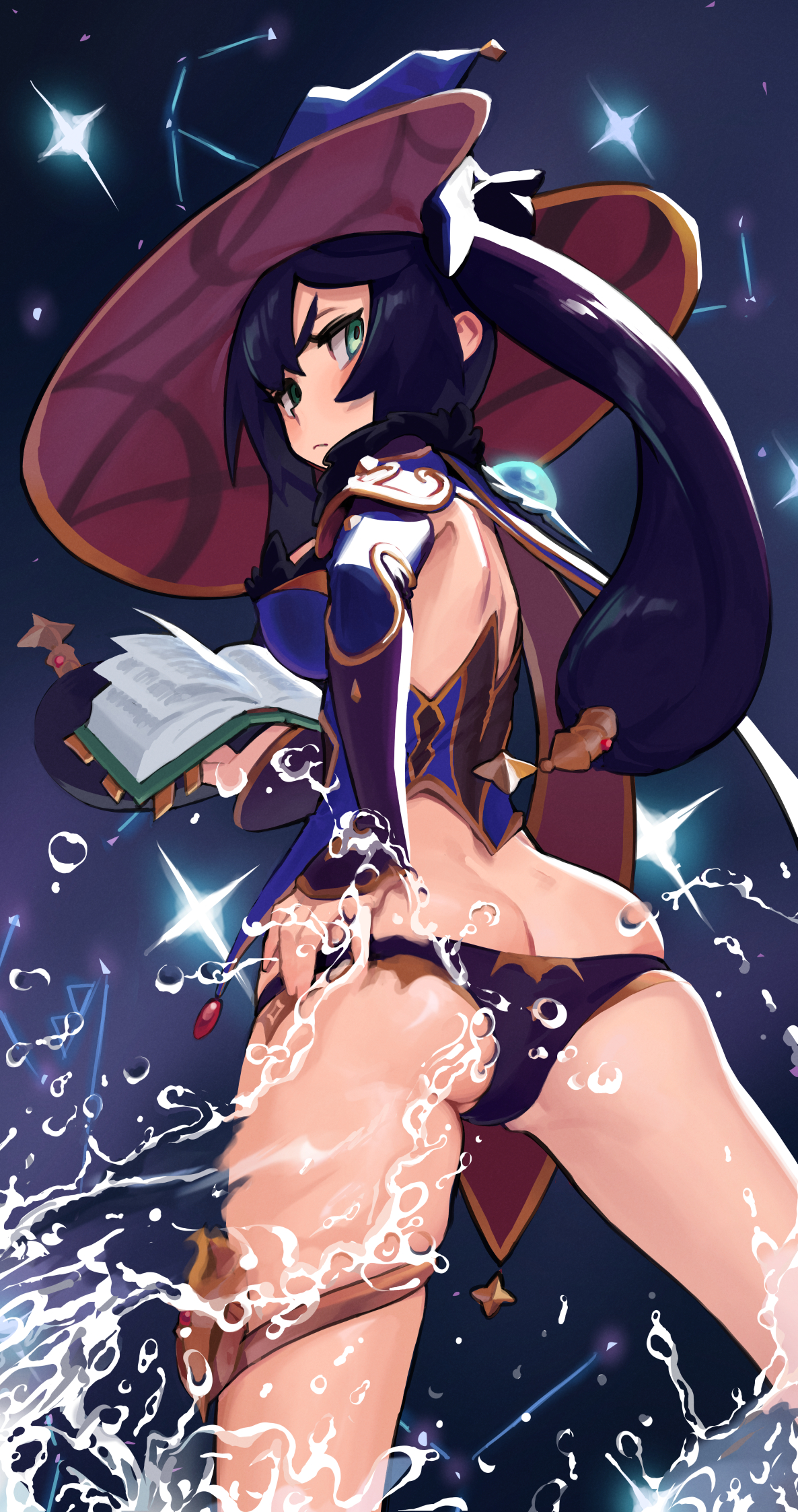 ass, bubble ass, bubble butt, female, female only, genshin impact, green eyes, hat, mona (genshin impact), small ass, some1else45
