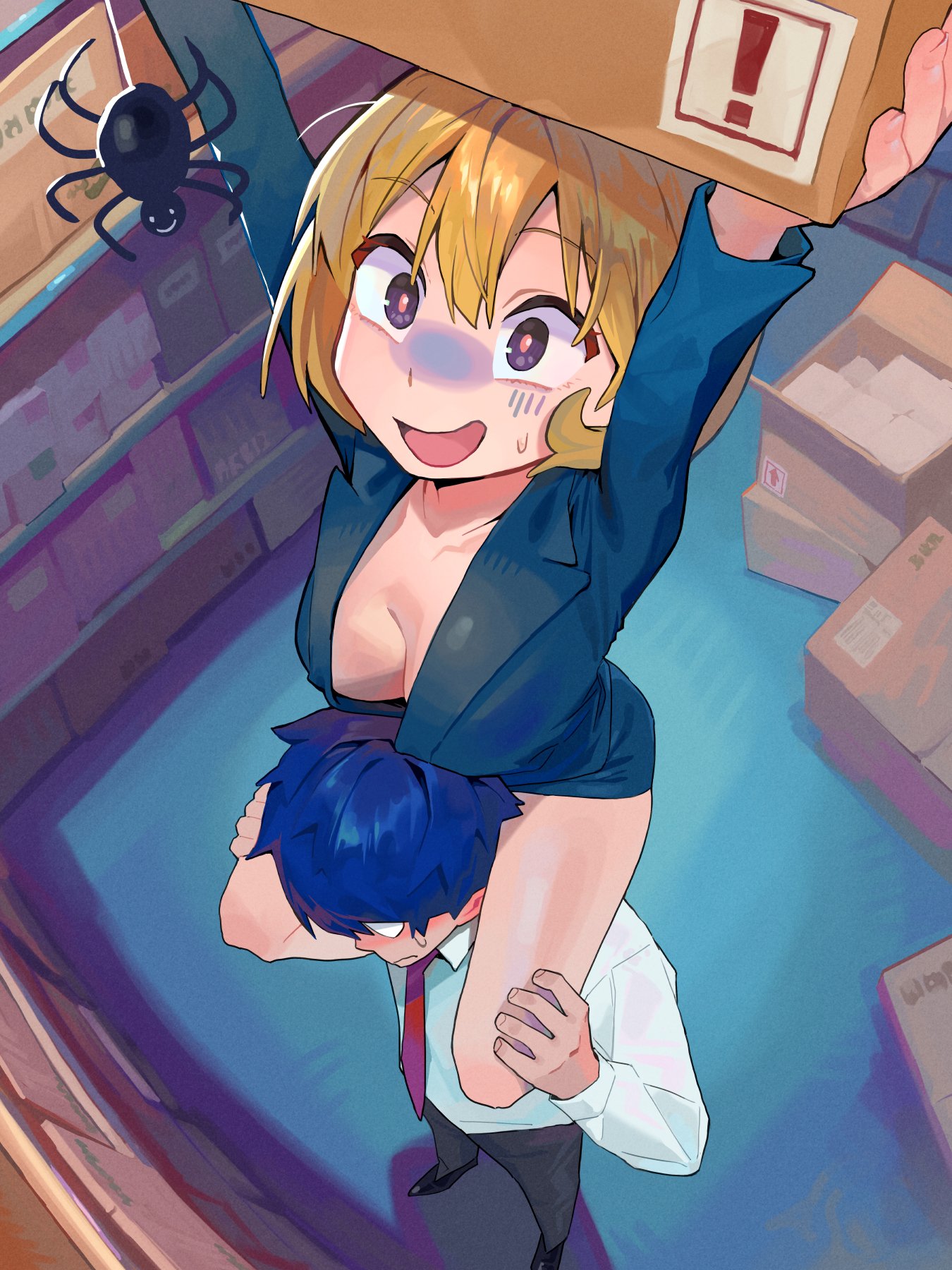 1boy, 1girls, cleavage, female, human, male, no bra, oc, office lady, scared expression, skirt, some1else45, spider, surprise