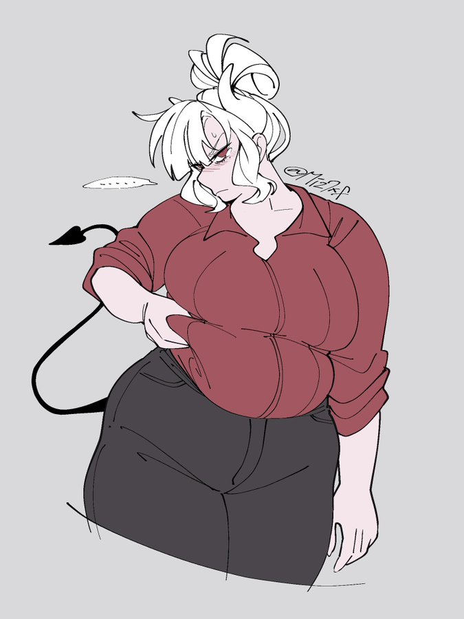 1girls, bbw, belly, blushing, chubby, chubby female, demon, demon girl, demon horns, demon tail, female, female only, fully clothed, hand on belly, helltaker, horns, lucifer (helltaker), miz7xf, simple background, simple coloring, tail, white hair