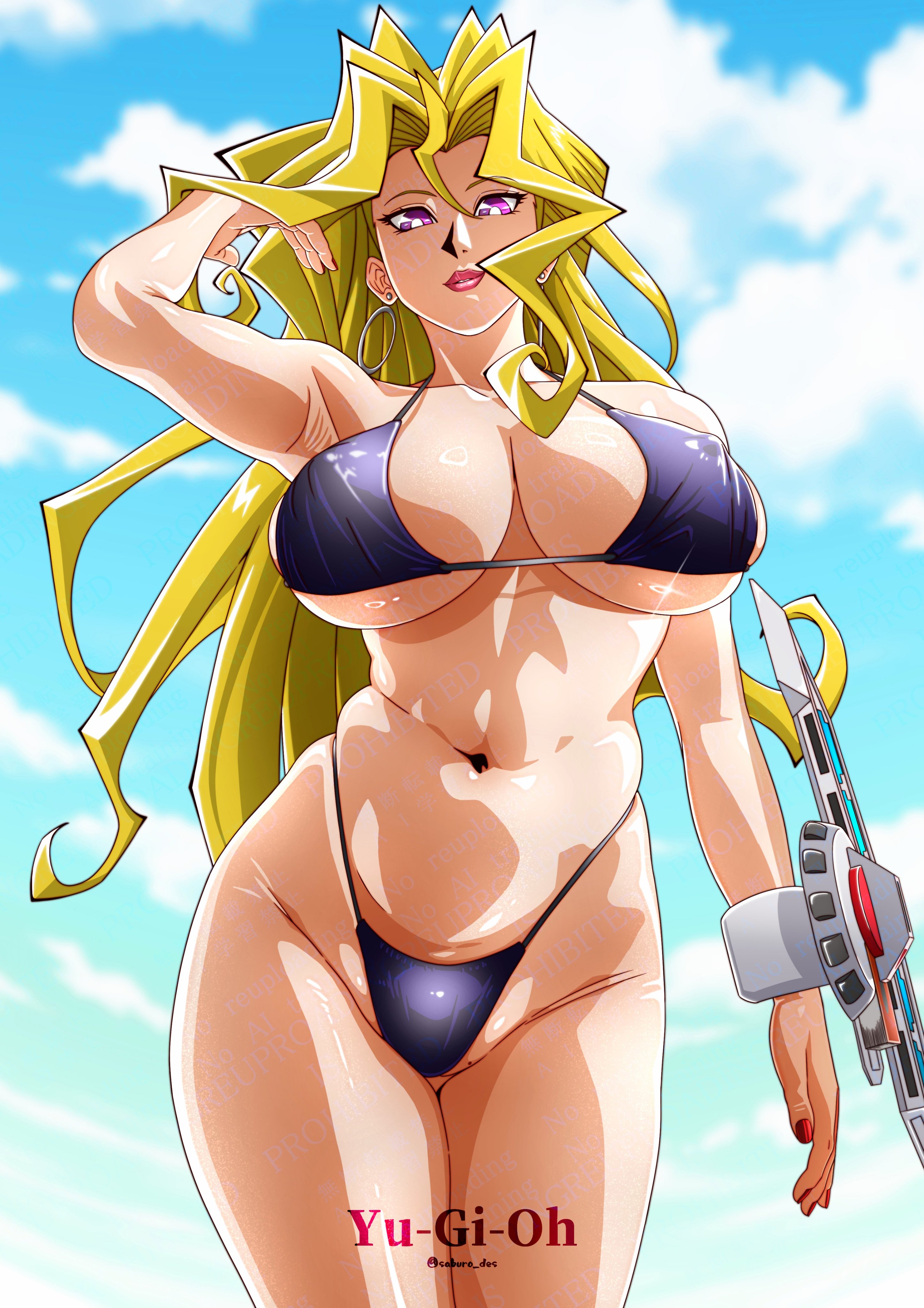 1girls, 2d, alternate version available, artist name, big breasts, bikini, blonde hair, breasts, duel disk, earrings, female, female only, hoop earrings, huge breasts, large breasts, mai valentine, purple eyes, saburo des, solo, swimsuit, yu-gi-oh!, yu-gi-oh! duel monsters