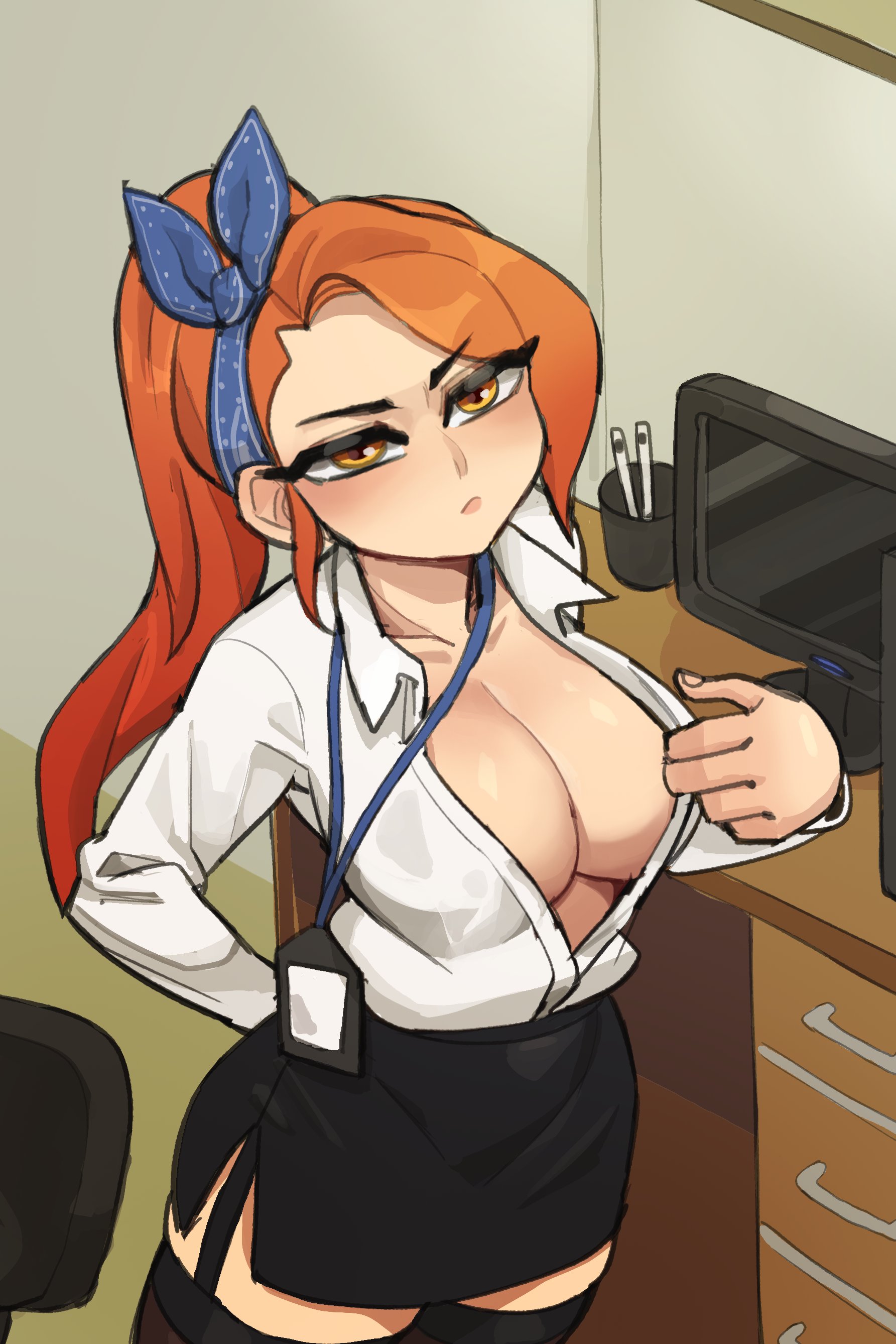 1girls, absurdres, arm behind back, black skirt, black thighhighs, blue hairband, breasts, closed mouth, clothing, collared shirt, commentary, cowboy shot, cubicle, dress shirt, english commentary, female, hairband, highres, hourglass figure, human, human female, hyyun, hyyun ho, jpeg, june (hyyun ho), june (hyyun), lanyard, large breasts, light-skinned female, long hair, long sleeves, looking at viewer, monitor, neckwear, office lady, orange hair, original, pale skin, partially unbuttoned, pencil skirt, ponytail, pulling own clothes, shirt, shirt tucked in, skirt, slim waist, solo, standing, thighhighs, white shirt, wide hips