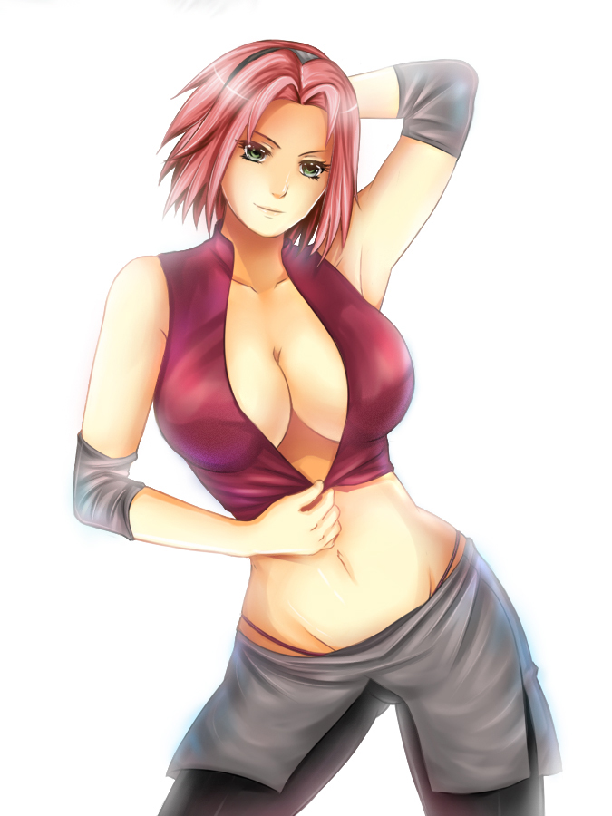 1girls, beige skin, breasts, cleavage, color, female, female only, flowerxl, forehead protector, front view, green eye, hand behind head, human, large breasts, looking at viewer, midriff, mouth, naruto, naruto (series), naruto shippuden, pink hair, pose, posing, sakura haruno, short hair, solo, standing, white background