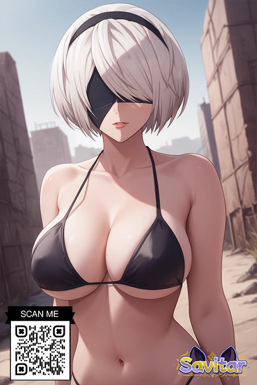 ai_generated bangs bare_shoulders bikini black_bikini black_blindfold black_hair_ornament black_hairband black_swimsuit blindfold blue_sky blush breasts building clavicle cleavage closed_mouth clothing cloud covered_eyes day eyewear female female_only hairband headwear large_breasts lips littlehentai looking_at_viewer mole mole_under_mouth navel nier:_automata nier_(series) outdoors parted_lips savitar savitar_(artist) short_hair skindentation sky smile solo standing stomach swimsuit thighs upper_body white_hair yorha_no.2_type_b