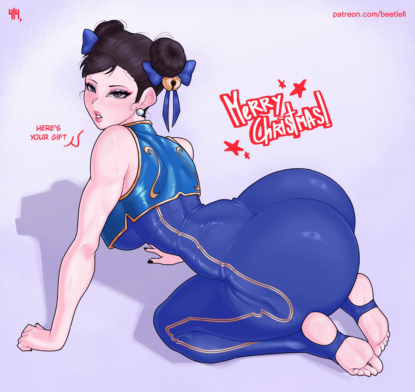 1girls, 2024, all fours, artist name, ass, back, bare shoulders, beetlefi/414, bell, black nails, blue bodysuit, blue ribbon, blue vest, bodysuit, breasts, brown hair, capcom, chun-li, clenched teeth, commentary, cropped legs, curvy, double bun, earrings, english commentary, eyeshadow, feet, female, female focus, from behind, grey background, hair bun, hair ribbon, half-closed eyes, highres, huge ass, jewelry, large breasts, looking at viewer, makeup, merry christmas, official alternate costume, outline, purple eyes, purple eyeshadow, ribbon, seductive gaze, sideboob, simple background, soles, solo, stirrup footwear, street fighter, street fighter zero (series), teeth, thick thighs, thighs, toles, underboob, updo, vest, wide hips, yellow outline, yellow trim