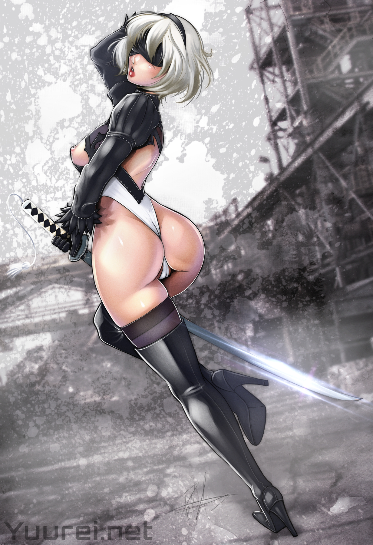 1girls, ass, ass focus, back cutout, backless outfit, black legwear, blindfold, bob cut, boots, breasts, breasts out, city, female, gloves, hairband, heels, high heels, highres, katana, leotard, light skin, light-skinned female, nier, nier: automata, nipples, outdoors, puffy sleeves, raised arm, short hair, skindentation, solo, standing on one leg, sword, thigh boots, thighhighs, thighhighs under boots, virtuous contract, weapon, white hair, yorha 2b, yuureikun