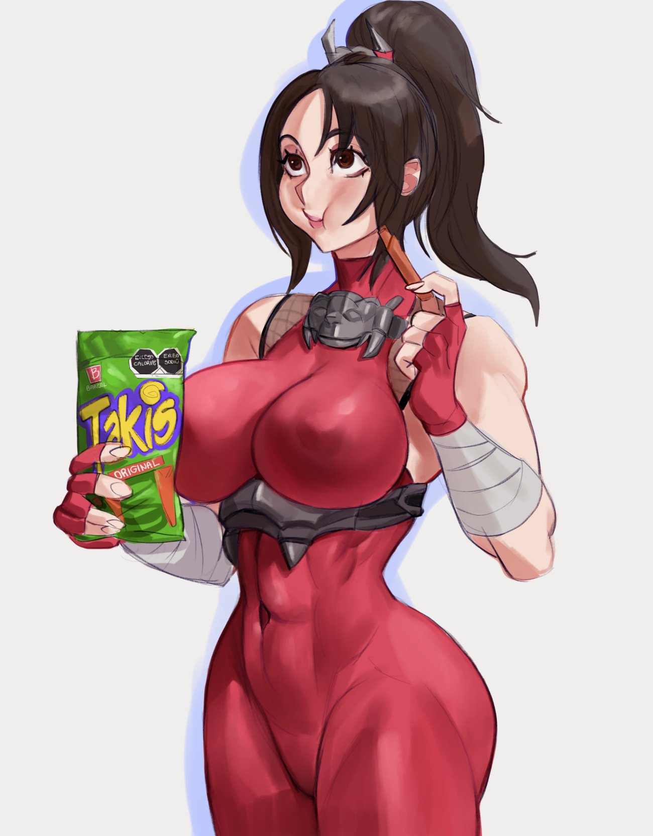 1girls chips_(food) dlusional eating female food fully_clothed namco not_porn potato_chips skin_tight solo solo_focus soul_calibur soul_edge tagme taki