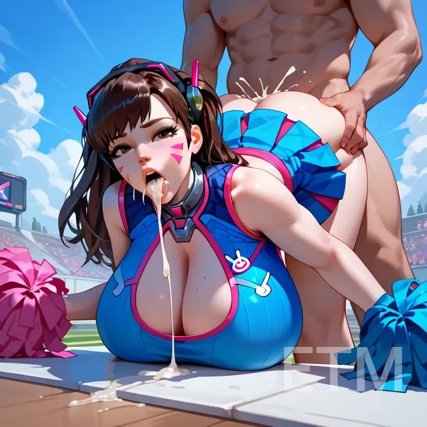 1boy 1girls ai_generated bent_over breasts_bigger_than_head cheerleader cheerleader_outfit cheerleader_uniform cleavage clothed_sex cum cum_in_pussy cum_inside cumshot d.va gigantic_breasts huge_breasts overwatch overwatch_2 sex sex_from_behind