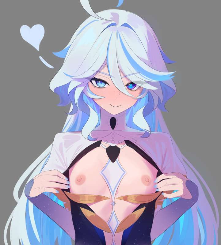 1girls, ahoge, anonds31, blue eyes, blue hair, blush, breasts, female, female focus, female only, flashing, flat chest, flat chested, focalors (genshin impact), furina (genshin impact), genshin impact, long hair, looking at viewer, mihoyo, nipples, presenting, presenting breasts, showing off, smile, teasing, two-tone hair, undressing, very long hair, white hair
