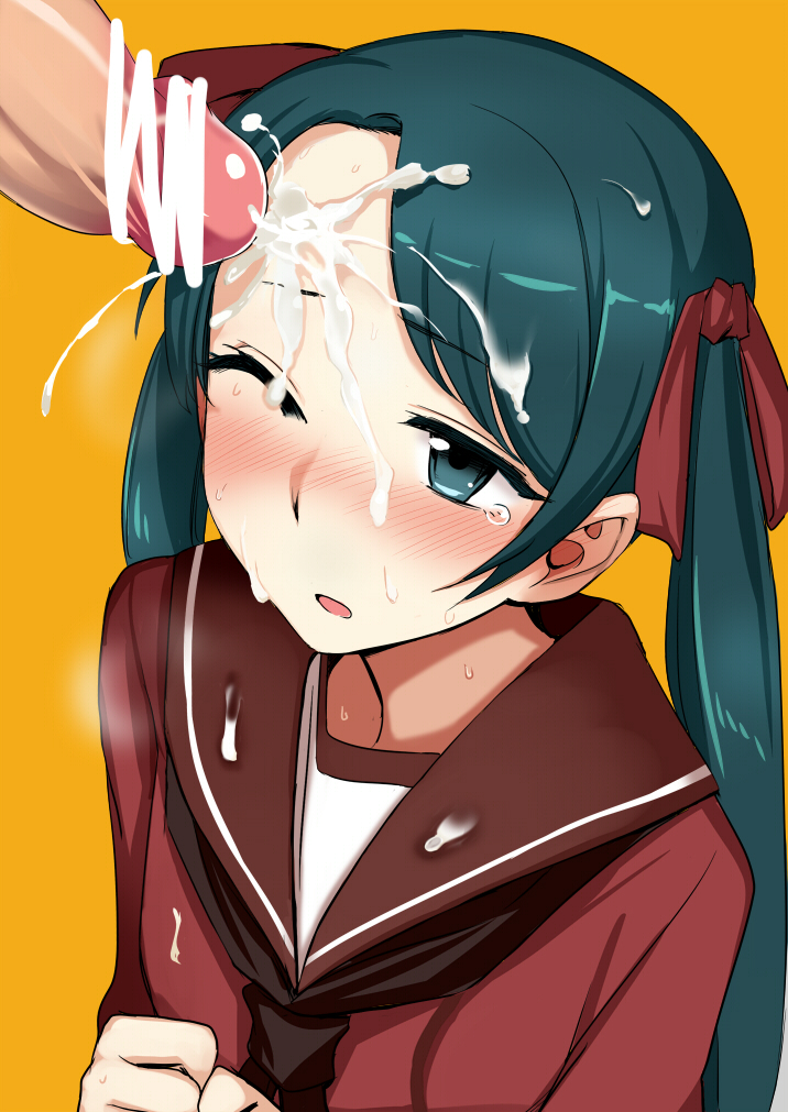 blush cum cum_on_forehead female green_eyes green_hair hair_ribbon kantai_collection kumadano long_hair mikuma_(kantai_collection) open_mouth penis ribbon steam tears tied_hair twintails wince