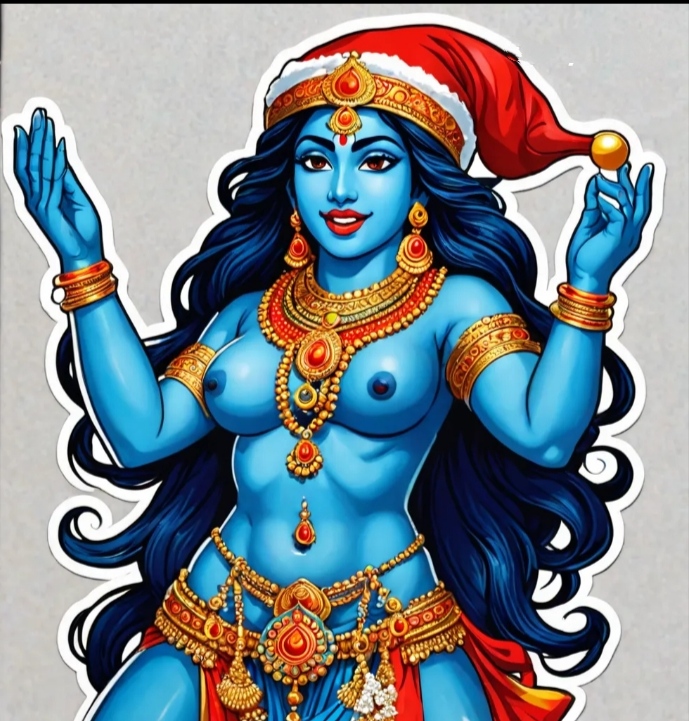 ai_generated big_breasts blue_body blue_nipples hindu_goddess jewelry kali long_hair nude_female red_lipstick santa_hat totally_naked