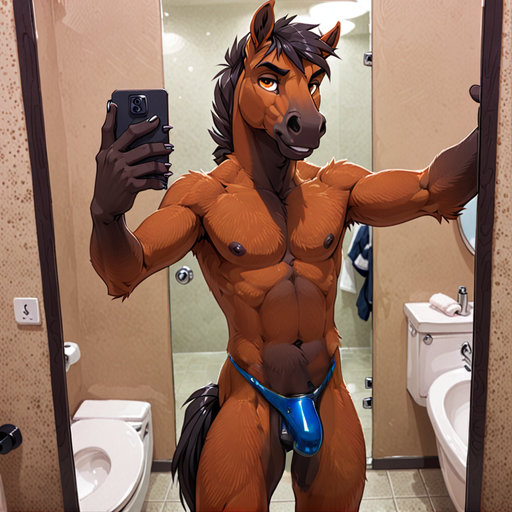 abs ai_generated animal_genitalia animal_penis bathroom bulge clothing equid equine equine_genitalia equine_penis genitals horse male mammal mirror mirror_selfie penis selfie solo thong underwear