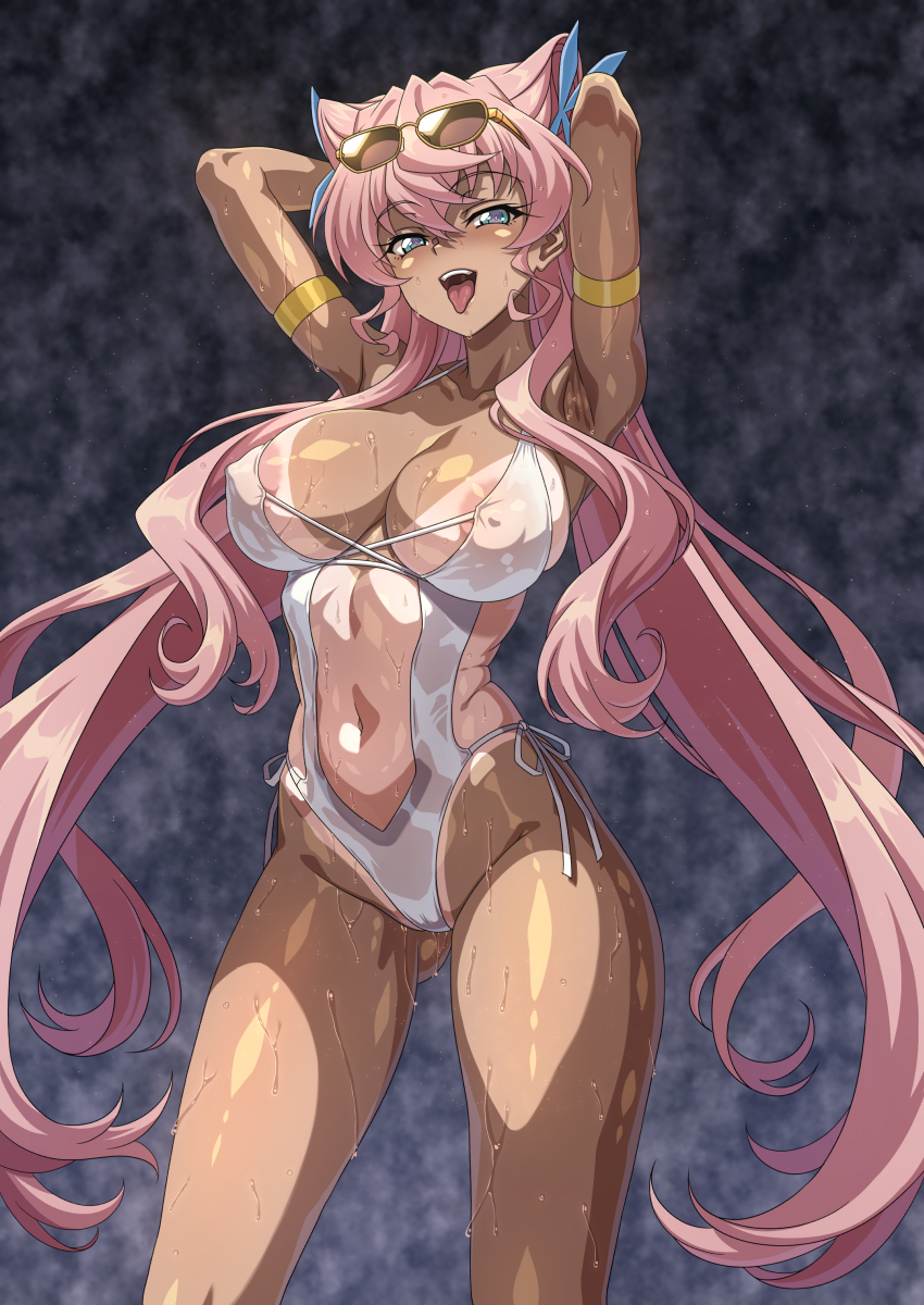 1girls armpits arms_behind_head bitch dark-skinned_female huge_breasts large_breasts maria_cadenzavna_eve pink_hair prostitute prostitution senki_zesshou_symphogear shunzou sunglasses sunglasses_on_head swimsuit syunzou tanline tanned tanned_female tanned_skin tongue_out visible_areolae