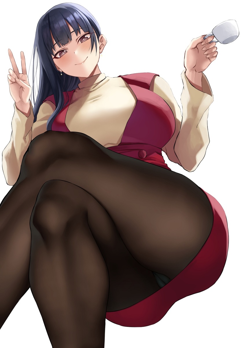 asakura kukuri, ass, big ass, big breasts, black hair, boku no kokoro no yabai yatsu, breasts, brown eyes, earrings, female, milf, peace sign, smiling at viewer, thick thighs, well dressed, yamada anna