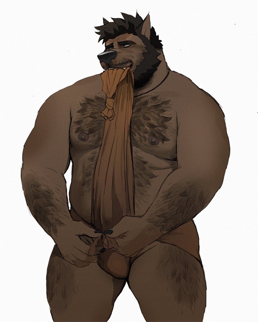 beard bite black_nose body_hair canid canine chest_tuft clothed clothing facial_hair genital_outline hi_res male mammal moobs nipples overweight overweight_male rossciaco simple_background solo standing tuft