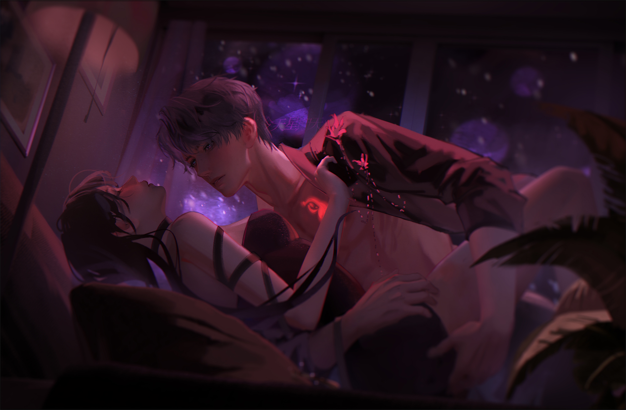1boy, 1girls, female, love and deep space, male, pink eyes, protagonist (love and deep space), purple eyes, purple hair, rafayel, rafayel (love and deep space), rakoifish, sex, straight