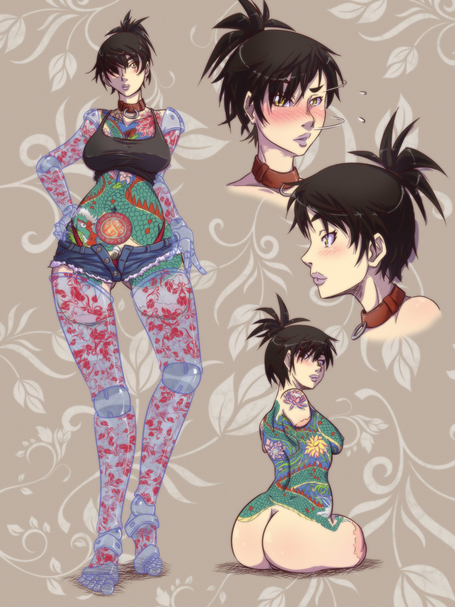 amputee, black hair, blush, breasts, collar, female, gammatelier, lips, ponytail, prosthetic, quadruple amputee, tattoo, tied hair, yellow eyes