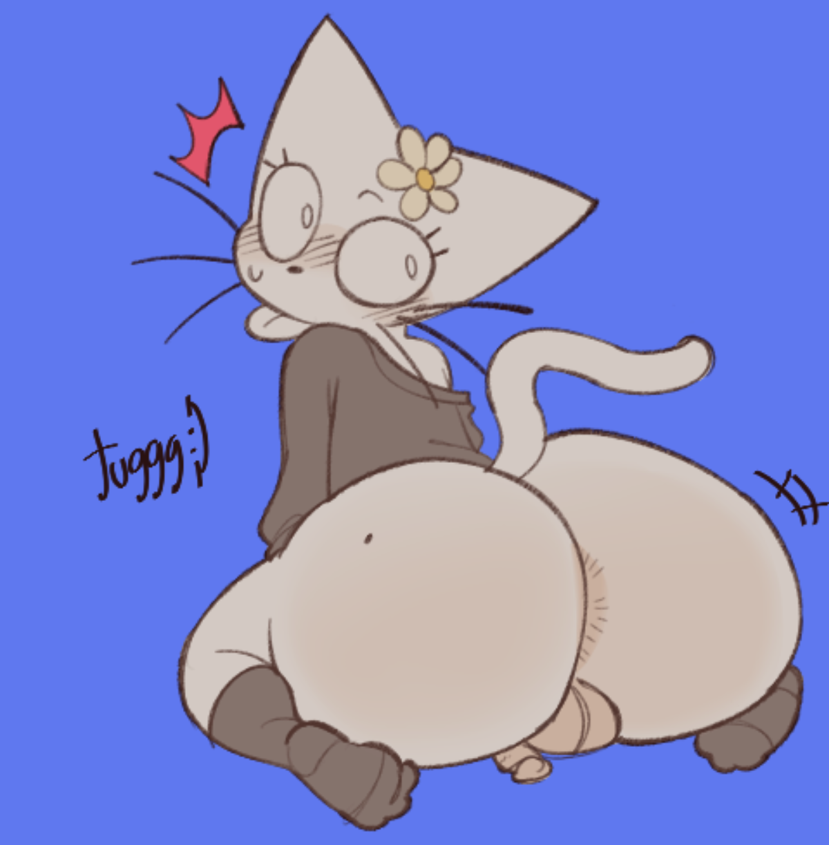 1boy, 2026, anthro, anthro only, anus, anus peek, artist name, ass, backsack, balls, barely visible anus, big anus, big butt, black nose, blush, blush lines, bottom heavy, bubble butt, butt focus, cat tail, circumcised, clothed, clothing, colored, curvy figure, digital drawing (artwork), digital media (artwork), domestic cat, eyelashes, feet, felid, feline, felis, femboy, flaccid, flat colors, flower on head, footwear, fur, genital raphe, genitals, grey clothing, grey footwear, grey socks, grey sweater, grey topwear, head turned, hi res, huge butt, huge thighs, looking back, male, male only, mammal, markings, mole (marking), mole on butt, mostly nude, mostly nude anthro, mostly nude male, off shoulder, penis, penis on ground, penis tuck, pointy ears, raphe (anatomy), rear view, scrotal raphe, simple background, sitting, small balls, small penis, socks, solo, sweater, text, thick thighs, tika (tuggg), tongue, tongue out, topwear, tuggg, voluptuous, voluptuous anthro, voluptuous male, whiskers, white body, white eyes, white fur, white tongue, wide hipped anthro, wide hipped male, wide hips