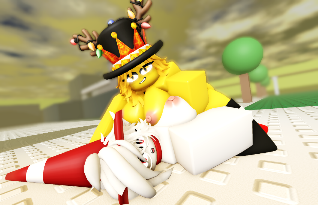 2girls :3 antlers breasts breasts_out commission commissioner_upload completely_nude_female cone cute glasses ktiiejiju_(artist) laying_on_person looking_at_viewer roblox roblox_avatar robloxian sillybasils suprised top_hat viatornl white_body yellow_body yuri