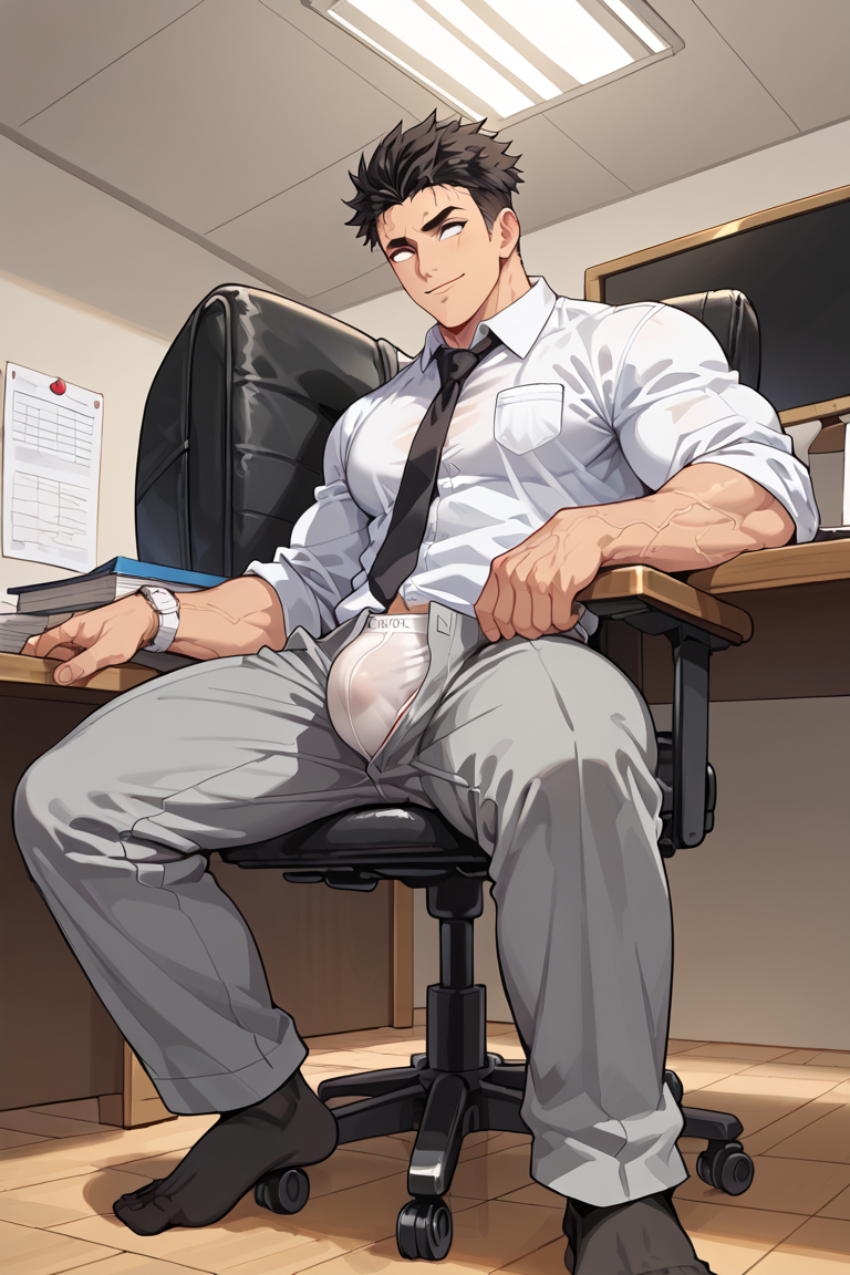 1boy ai_generated bara black_hair blank_eyes bulge clothed demon_slayer exposed flaccid_penis himejima_gyomei horny mebekingcock muscular muscular_male necktie no_shoes office office_chair opening_pants penis short_hair sitting sitting_on_chair socks solo sweat underwear undoing_pants undressing white_eyes white_shirt yaoi